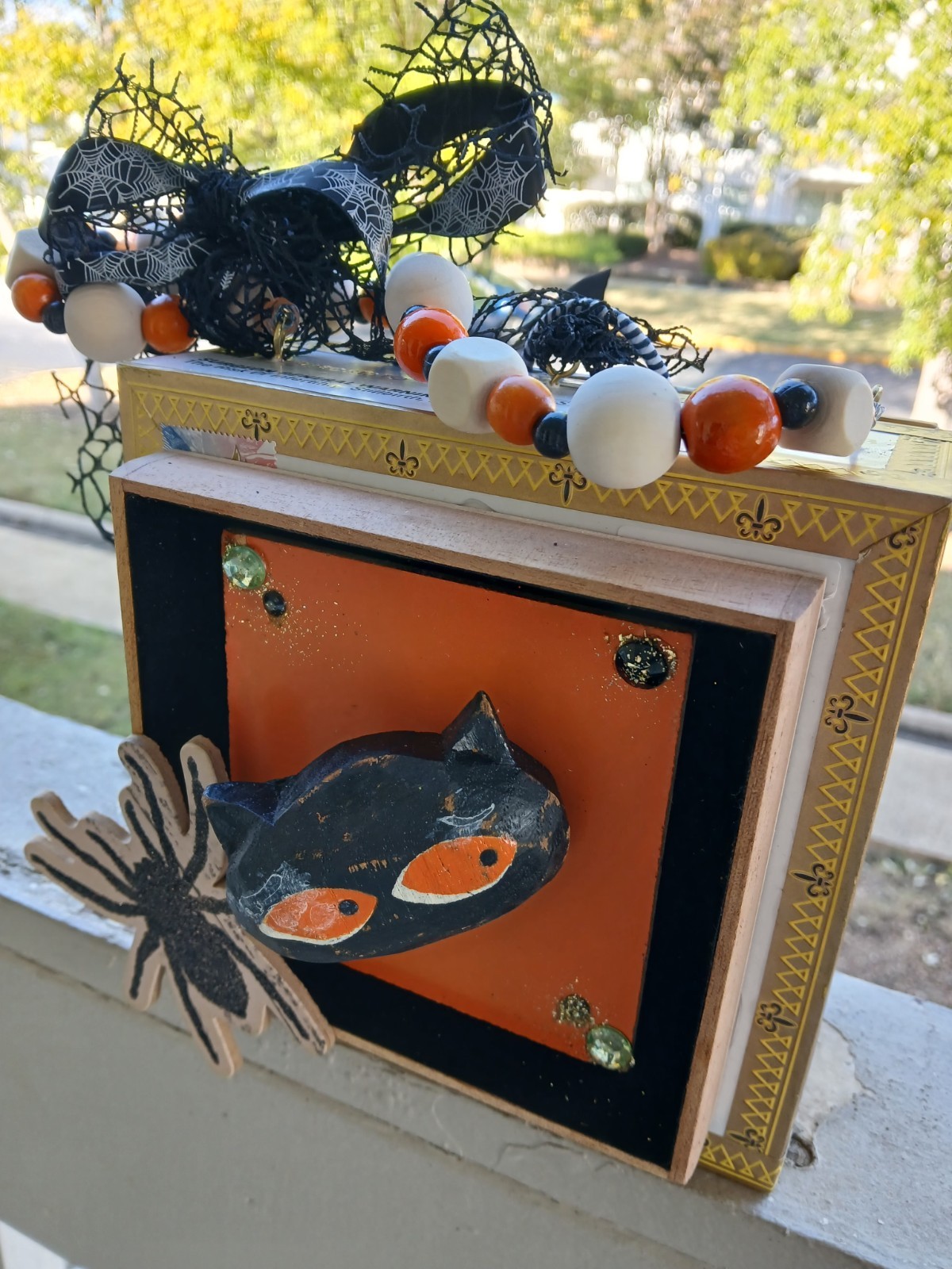3D Vintage Halloween Black Cat Cigarbox Purse with Spooky Spider Attached. 3D Vintage Halloween Black Cat Cigarbox Purse with Spooky Spider Attached.