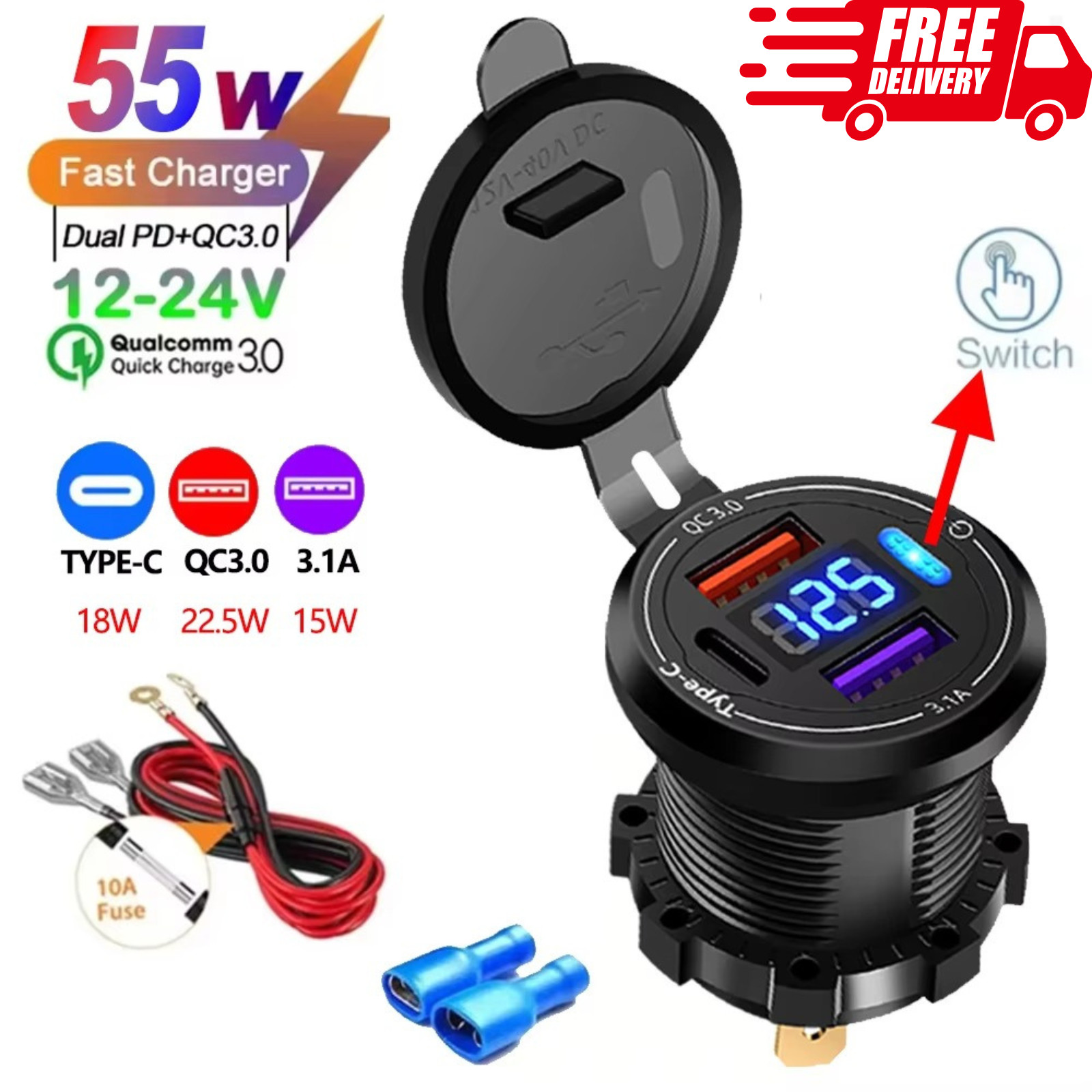 12V-24V PD + QC3.0 Dual USB Car Fast Charger Power Socket Outlet LED Voltmeter
