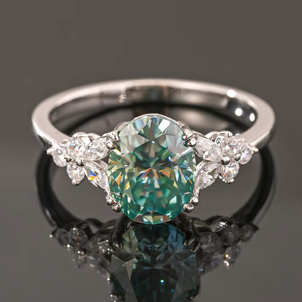 2ct Real Oval Cut Blue Green Moissanite Engagement Ring 925 Sterling Silver Band