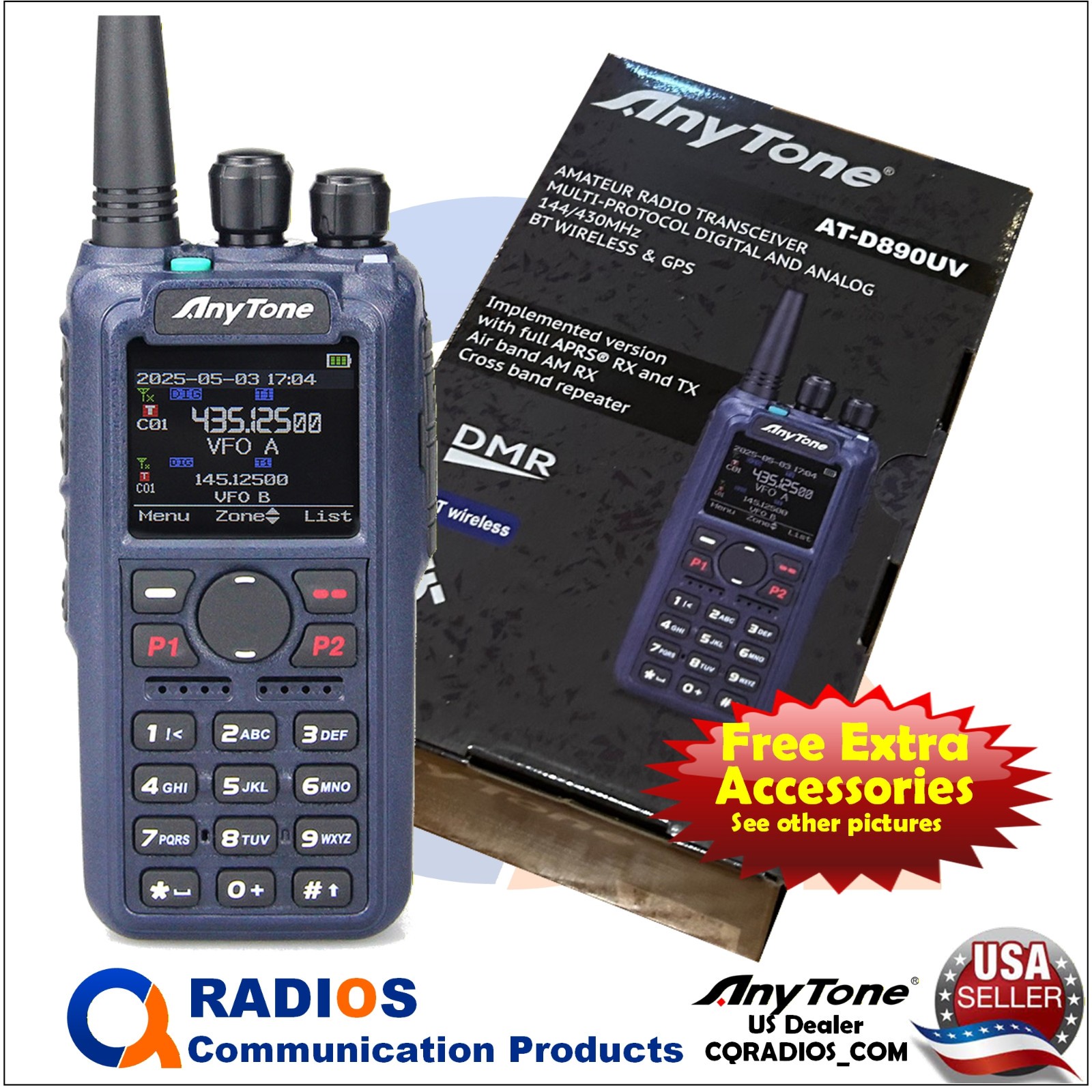 AnyTone AT-D890UV GPS DMR Analog UHF VHF Ham Radio FREE Accessories ATD890UV