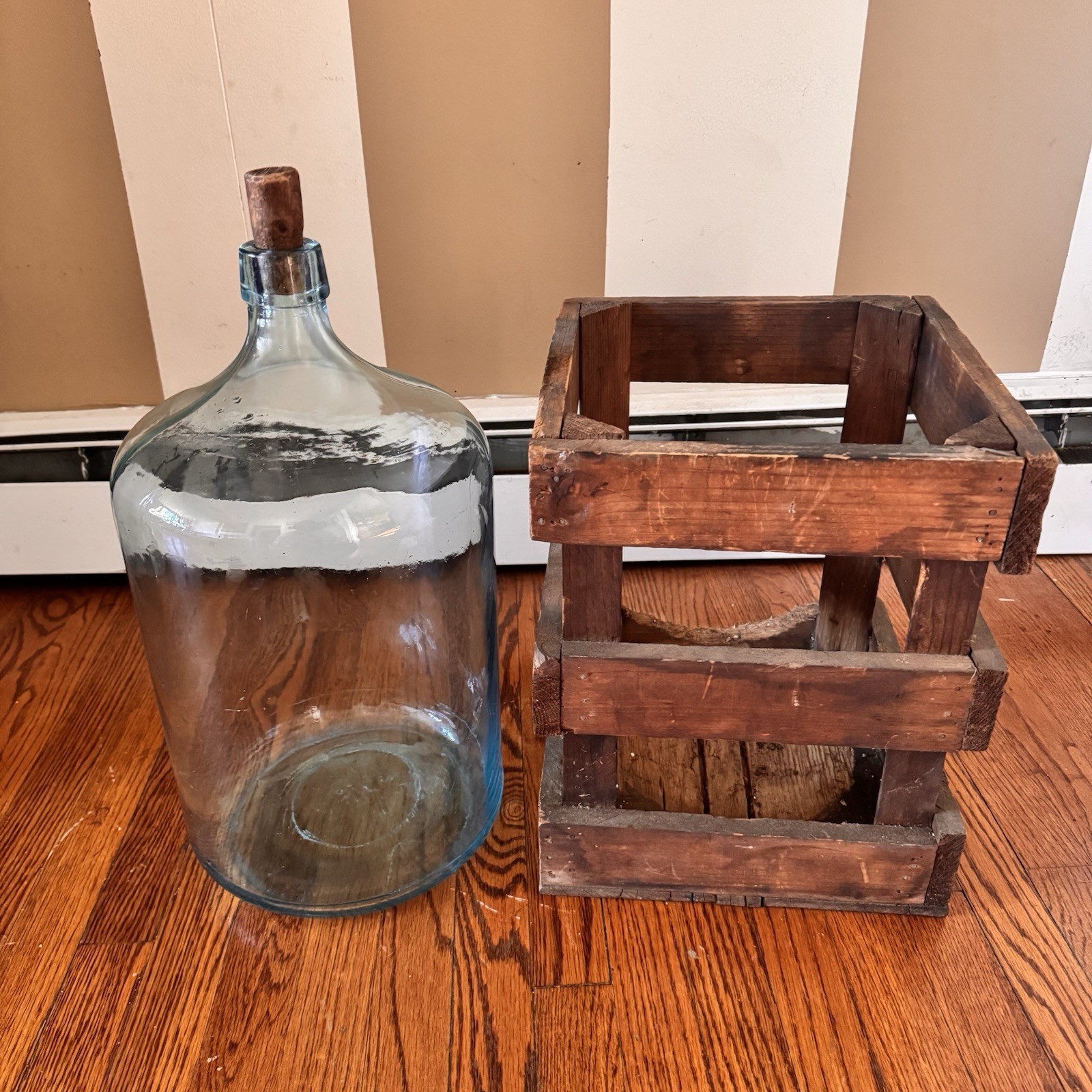 Vintage Aqua Blue Glass Wine Demijohn Carboy Bottle w/ Wooden Crate Cork