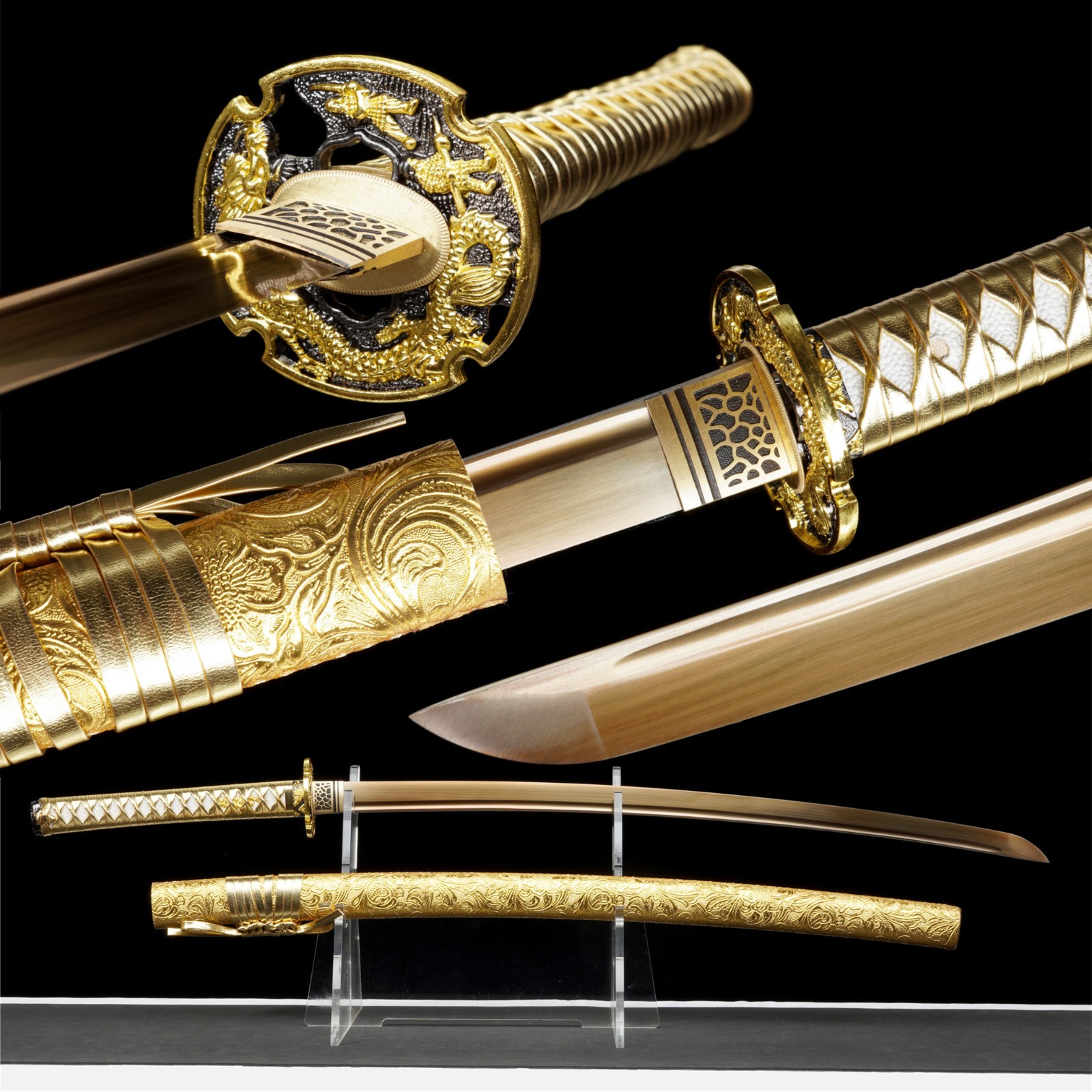 Japanese Katana Golden Dragon Hand Forged 9260 Spring Steel Full Tang Gold Blade