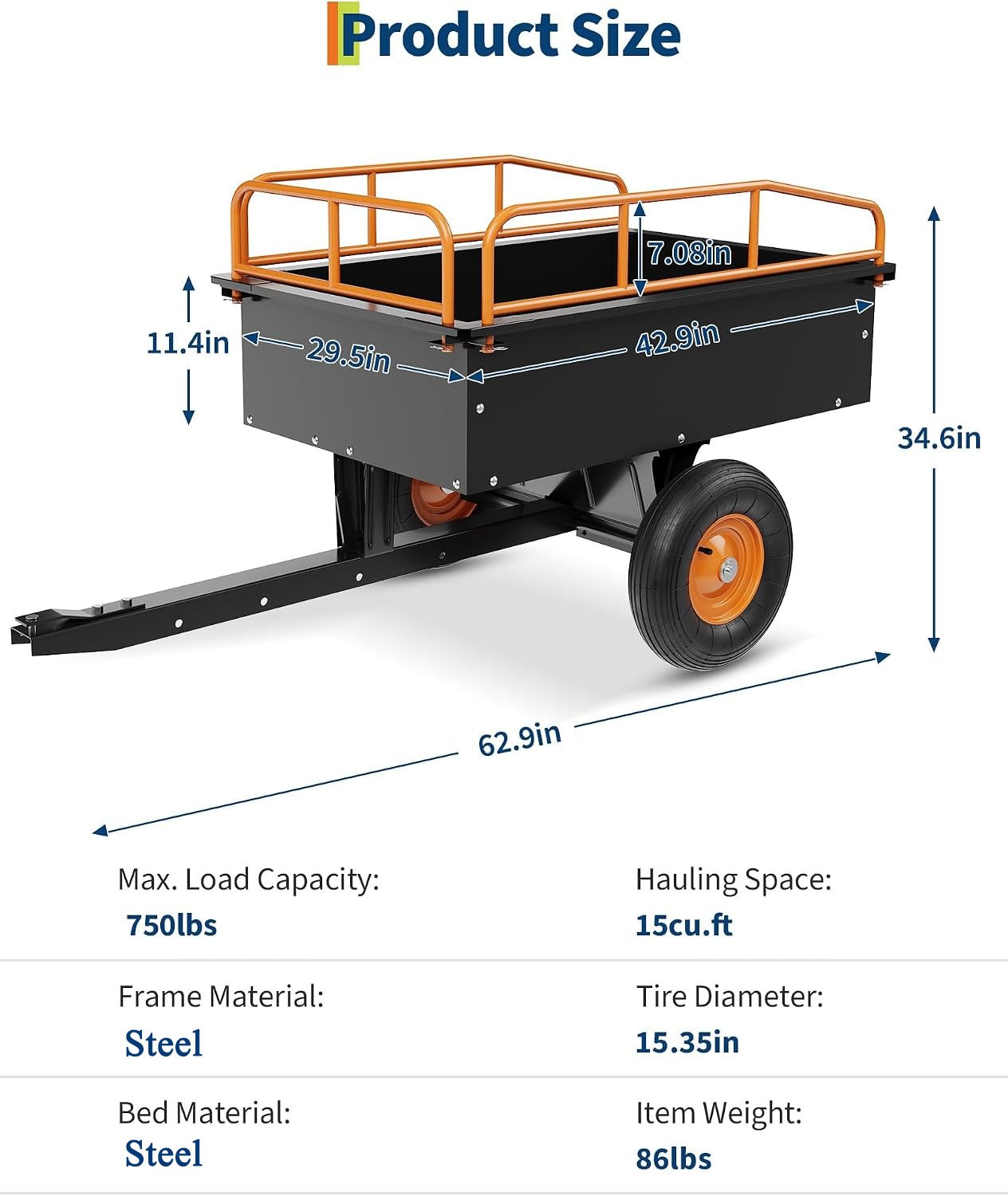 750 LBS Utility Dump Trailer Tow Behind Garden Dump Cart 15 Cu. Ft. Heavy Steel