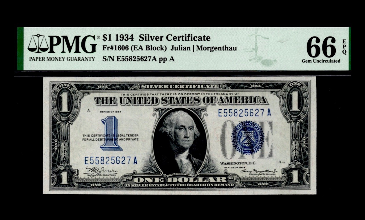 1934 $1 Silver Certificate. FR: 1606. PMG Graded: 66 EPQ. 1934 $1 Silver Certificate. FR: 1606. PMG Graded: 66 EPQ.