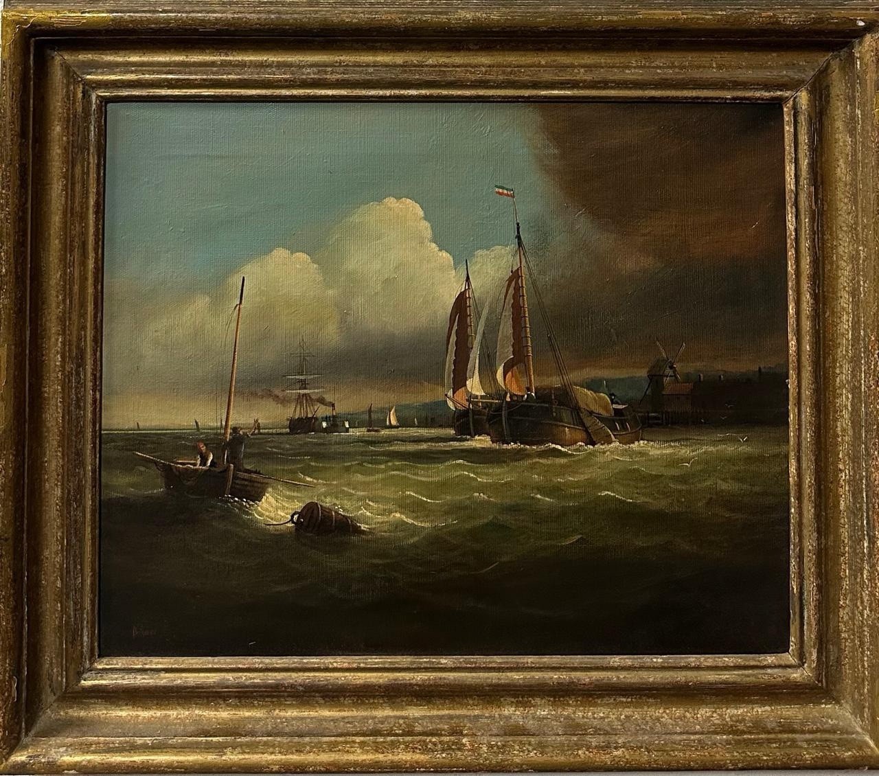 20th Century Continental School Shipping Coastal Seascape Oil on Canvas Signed
