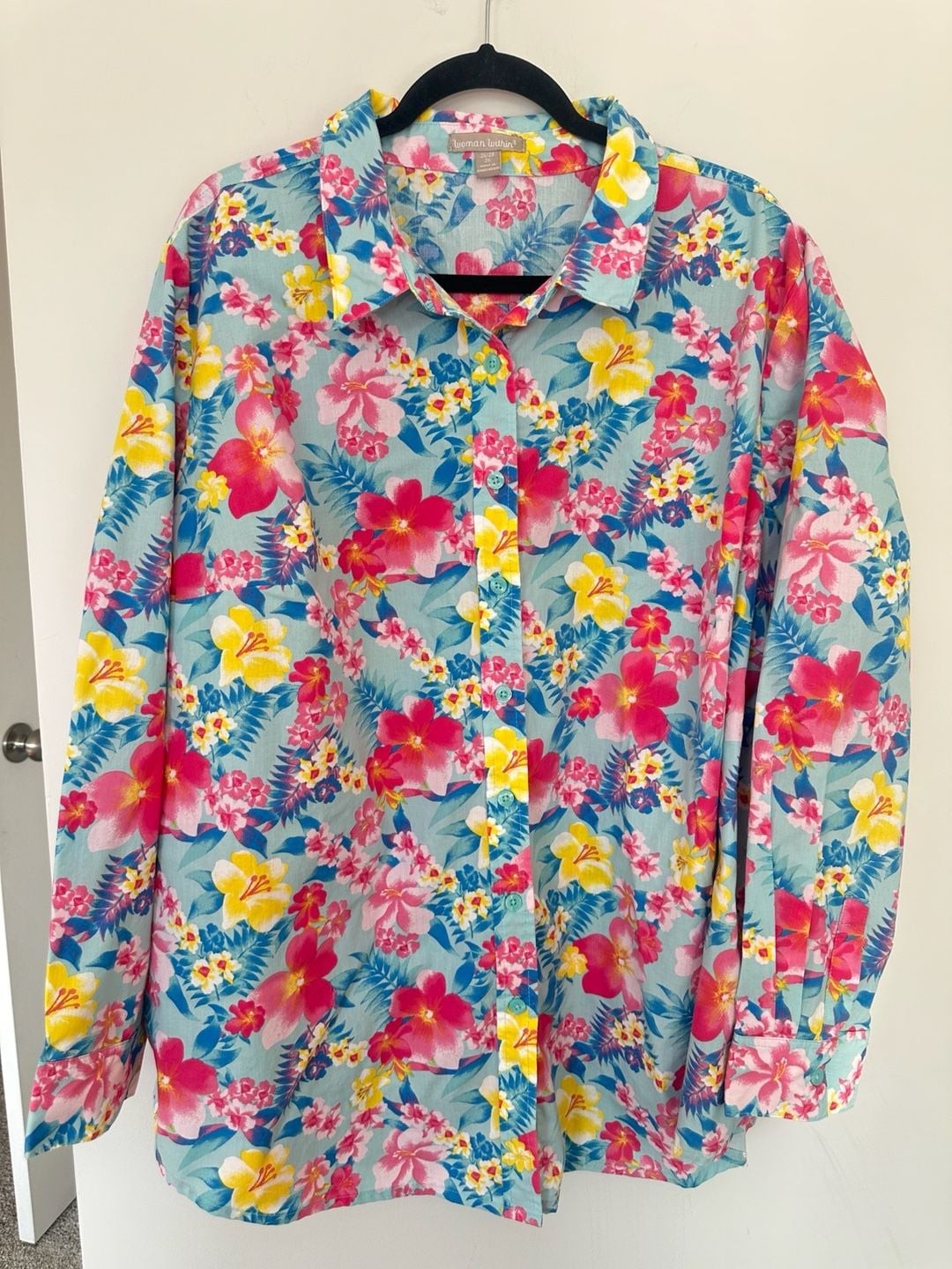 Woman Within Floral Button Up Shirt Size 2X Blue Pink Yellow Long Sleeve Woman Within Floral Button Up Shirt Size 2X Blue Pink Yellow Long Sleeve