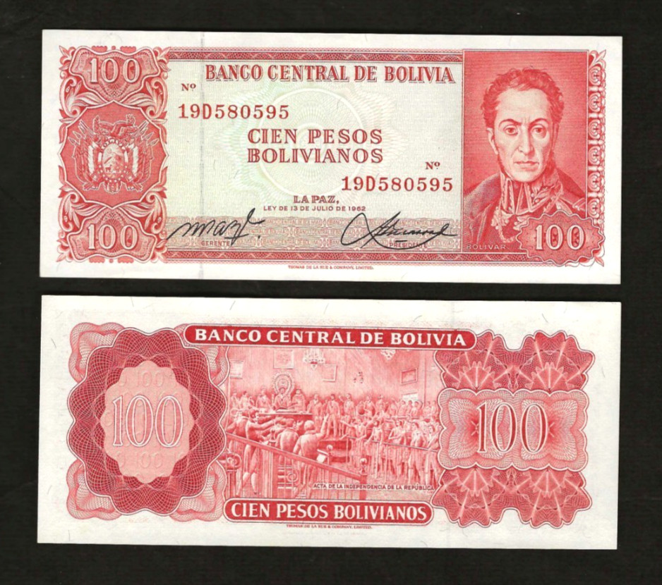 Bolivia 100 Pesos P-164A 1962 x 1 Pcs RED Serial # UNC Declaration Republic NOTE Bolivia 100 Pesos P-164A 1962 x 1 Pcs RED Serial # UNC Declaration Republic NOTE