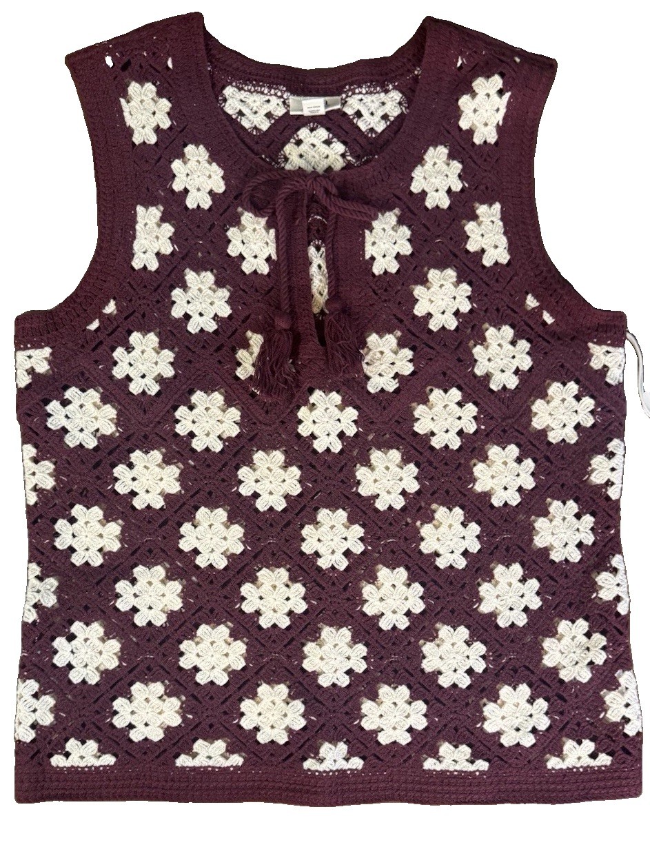 ANA Women’s M Crochet Knit Top Vest Sleeveless Burgundy Tassel grannycore