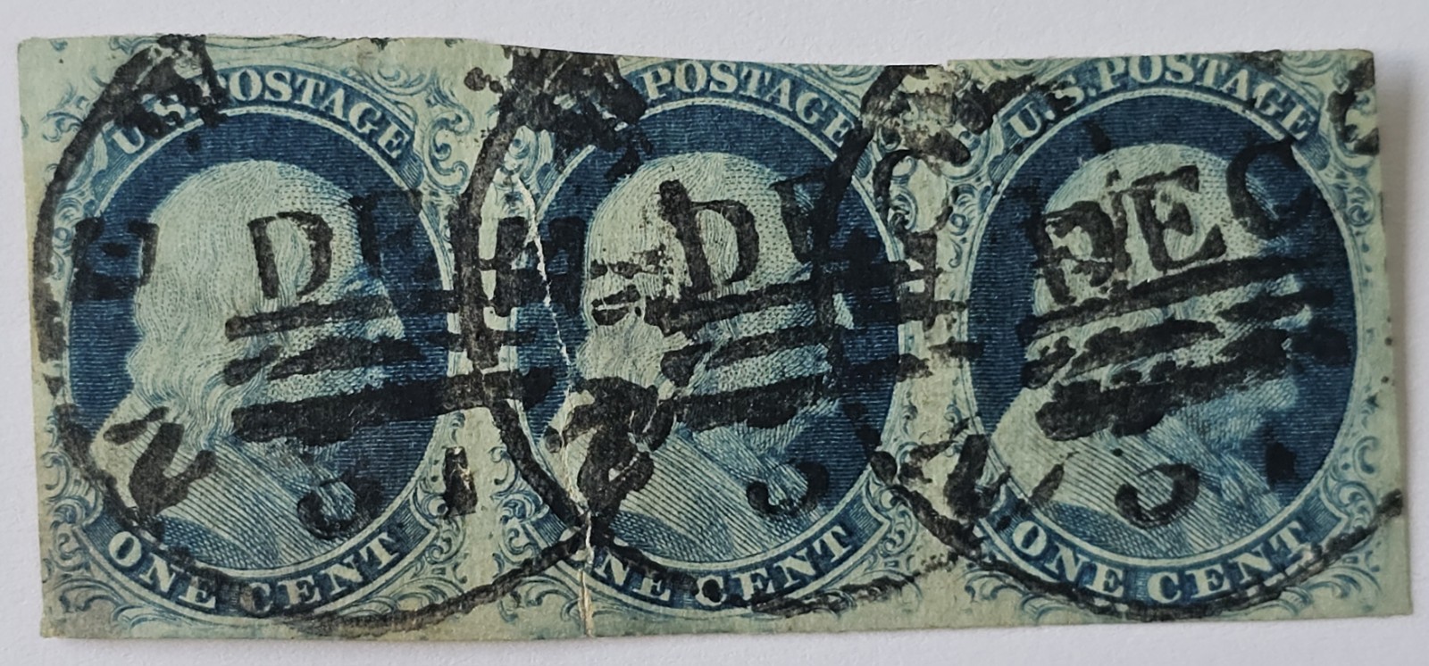 UNITED STATES 1851 1c V RARE IMP STRIP of 3 Not Identified. €1000+but cut/repair