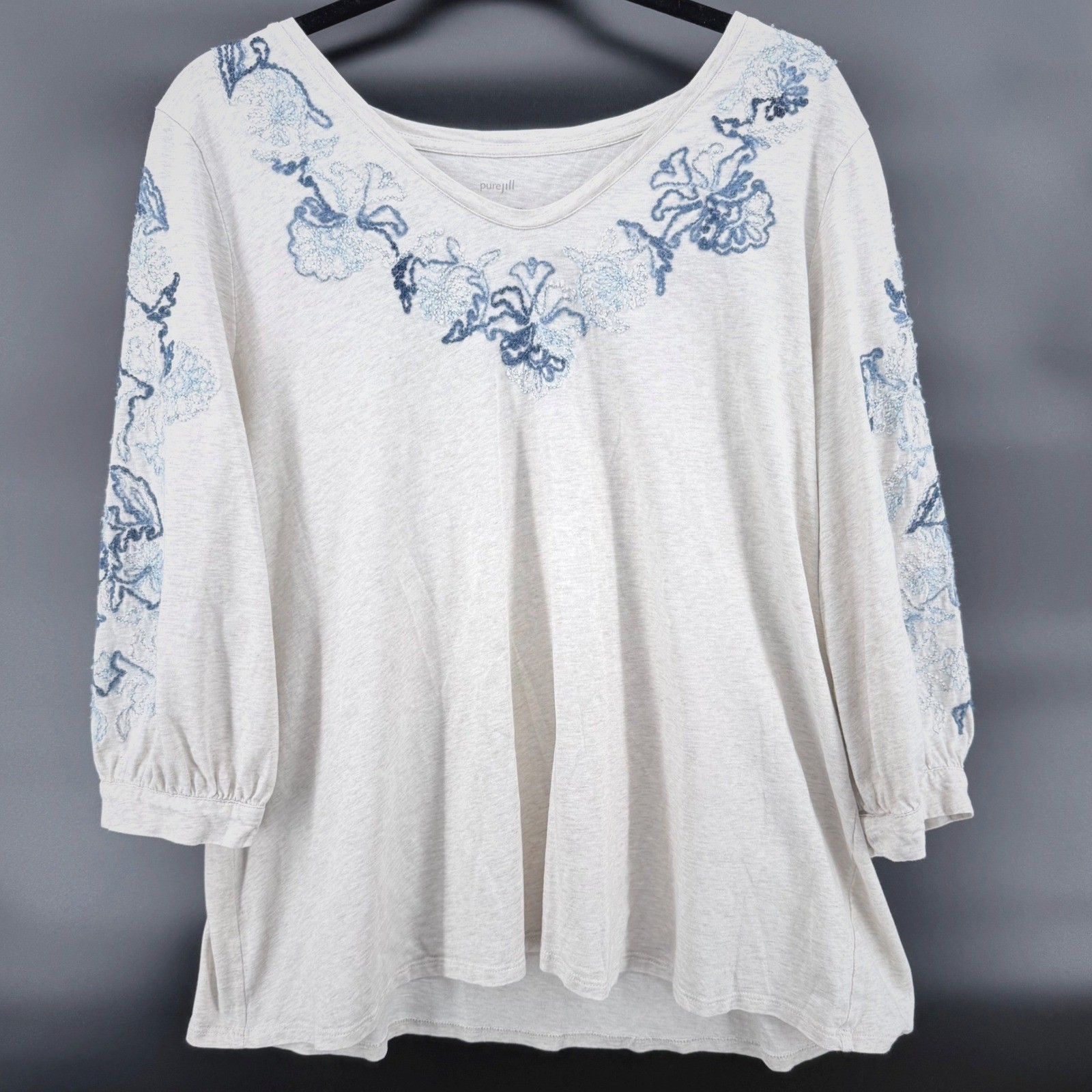 Pure Jill J Jill Womens XL Embroidered Floral Top Blue Gray Cotton 3/4 Sleeve