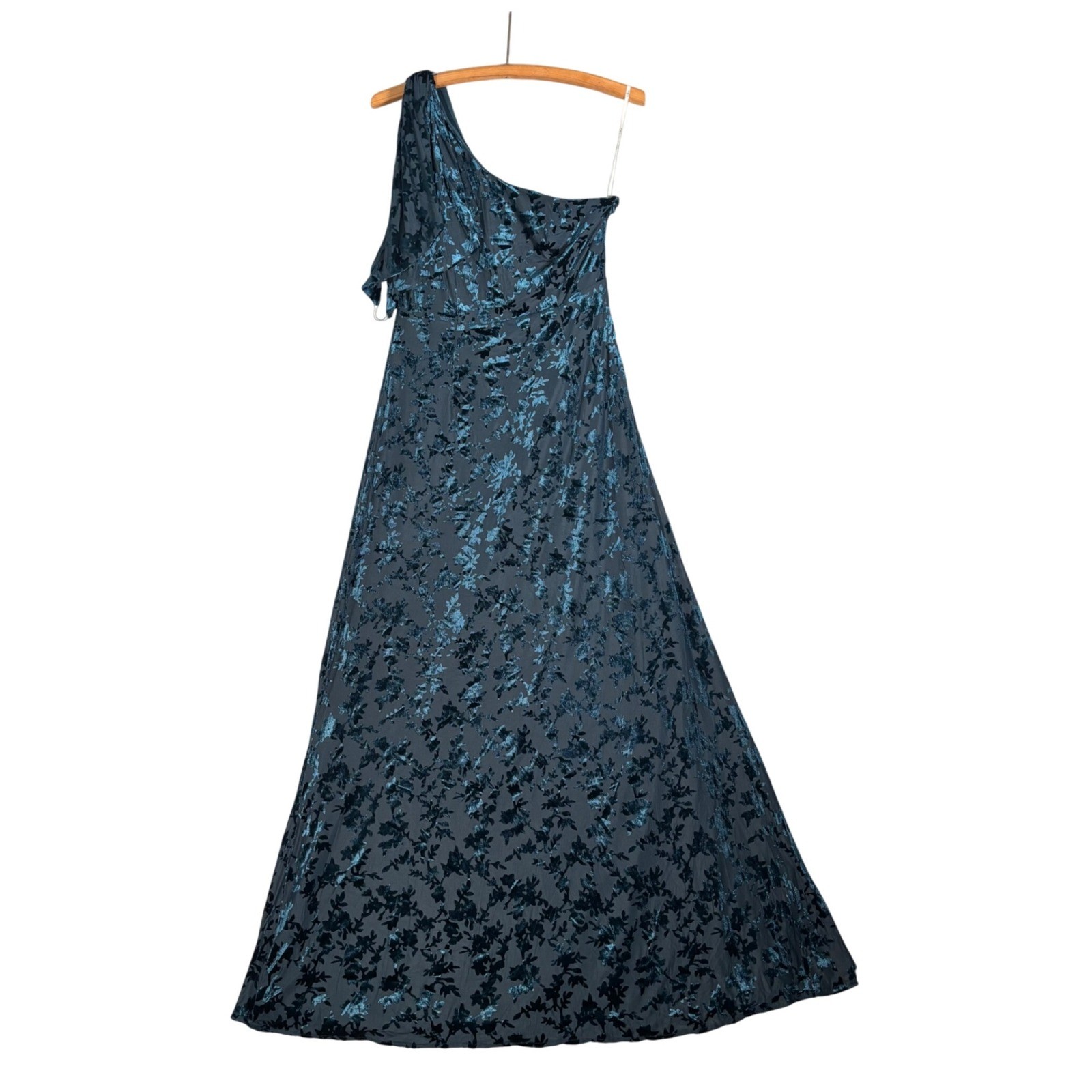 NWT Lulus Pretty Marvelous Dark Teal Velvet Floral One-Shoulder Maxi Dress Sz M