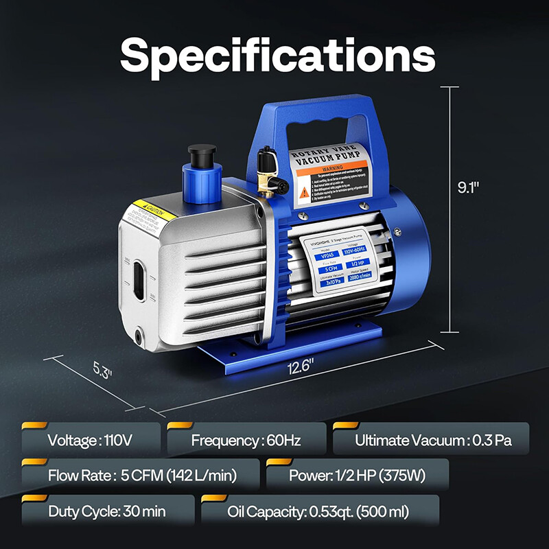 1/2 HP 5 CFM HVAC Vacuum Pump Air Conditioning Vacuum Pump 2 Stage Rotary Vane