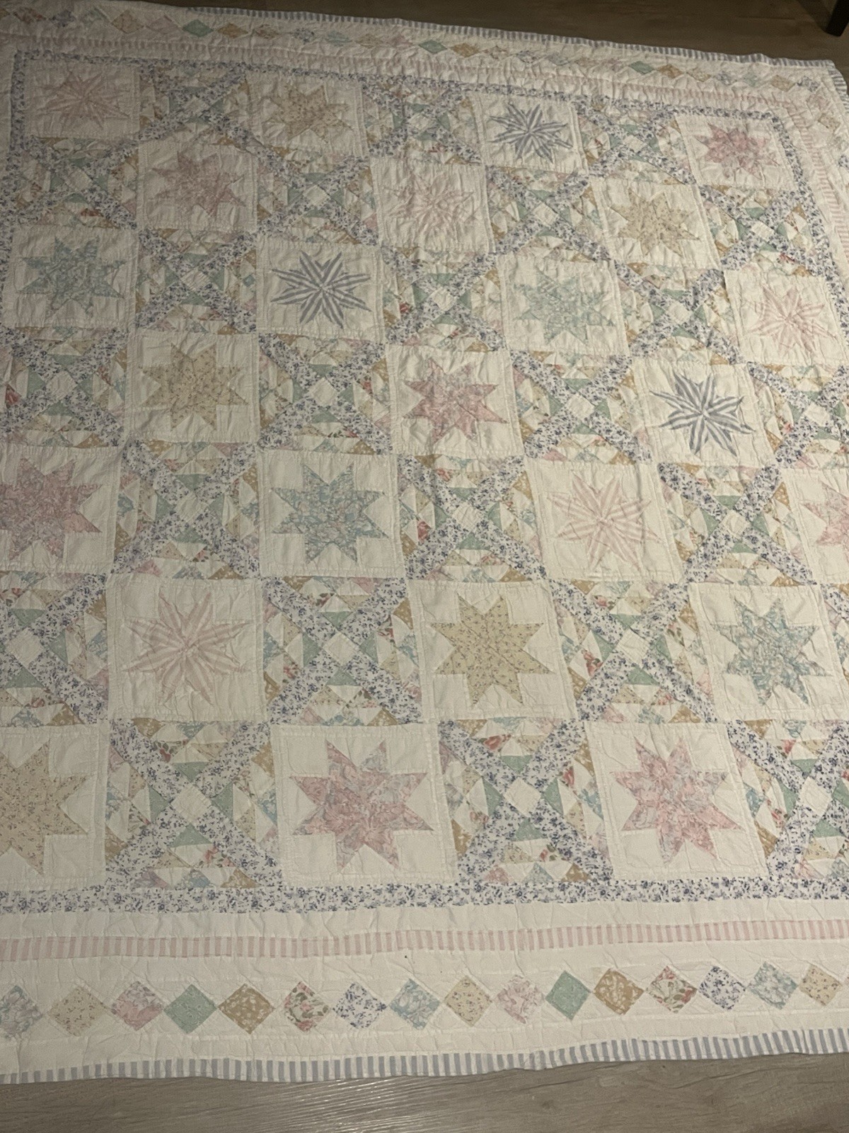 Vintage Handmade Quilt 79x81 Eight Point Star Patchwork Pastel Floral Hand Quilt