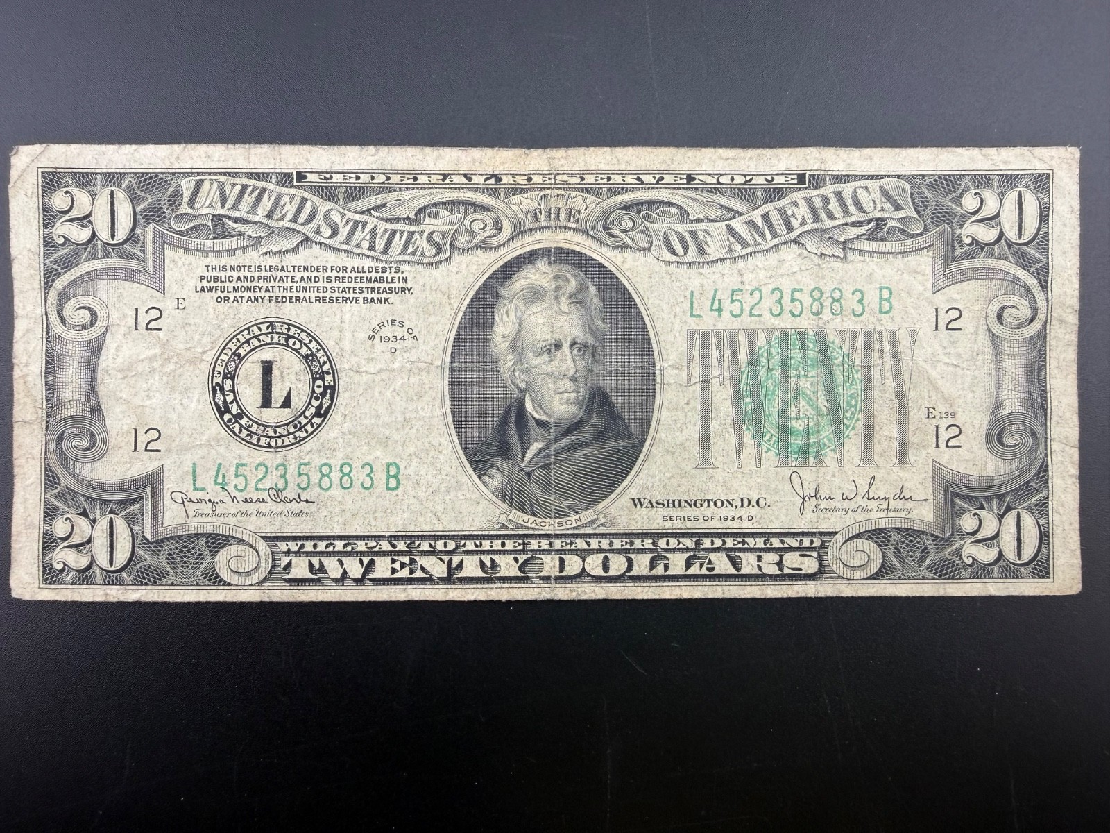 1934 D U.S. $20 Dollar San Francisco Banknote  FR# 2058  BH-778