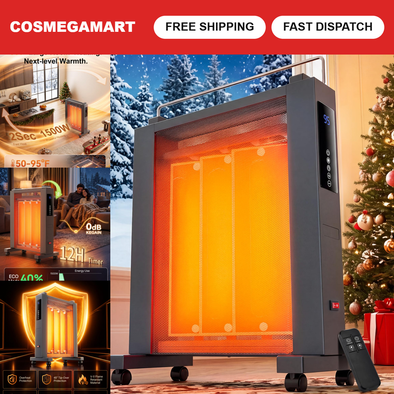 Portable Electric Space Heater for Large Rooms, Mica Infrared, Thermostat, 12H T