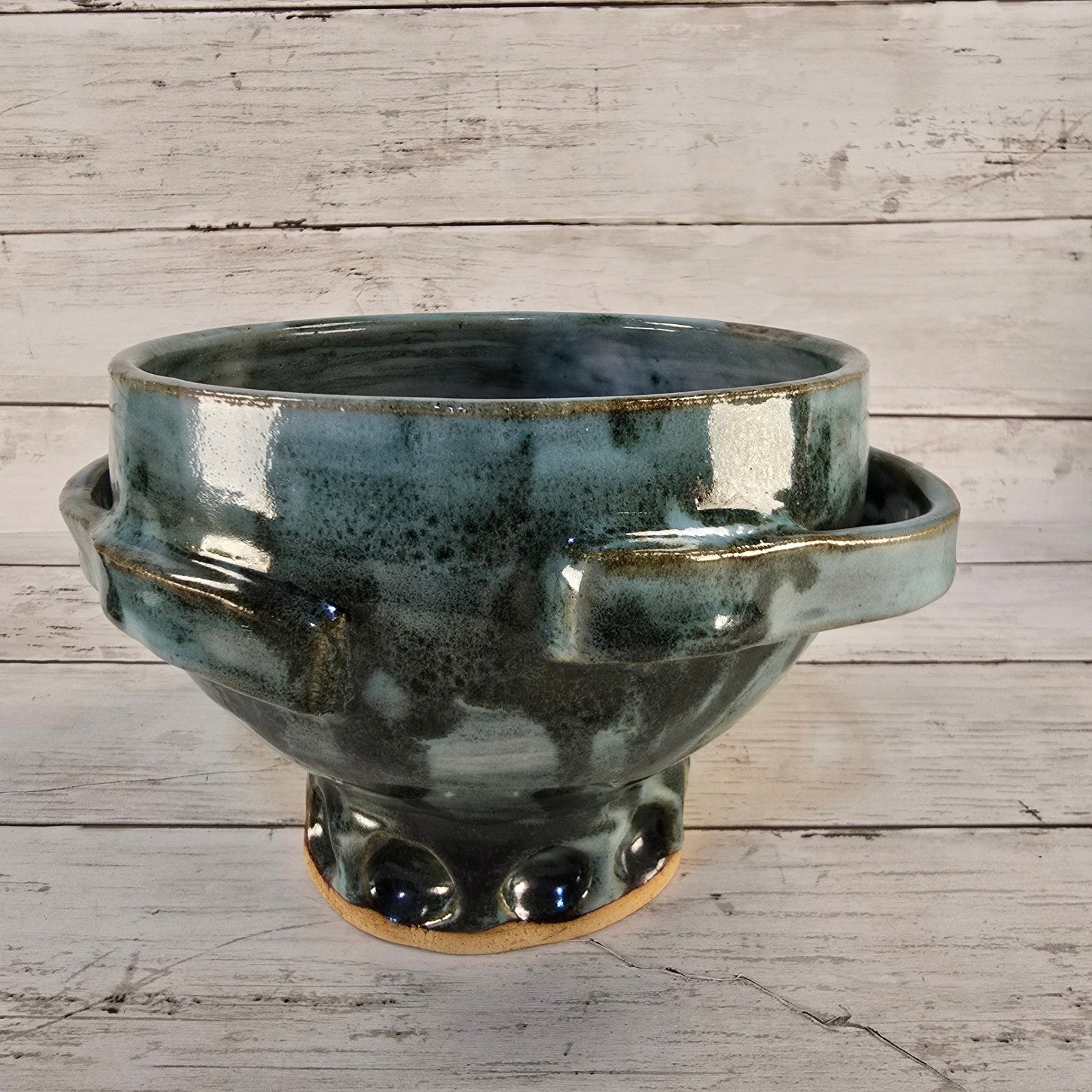 Studio Pottery Footed Bowl Teal Blue Reactive Glaze Artisan Ceramic Handcrafted