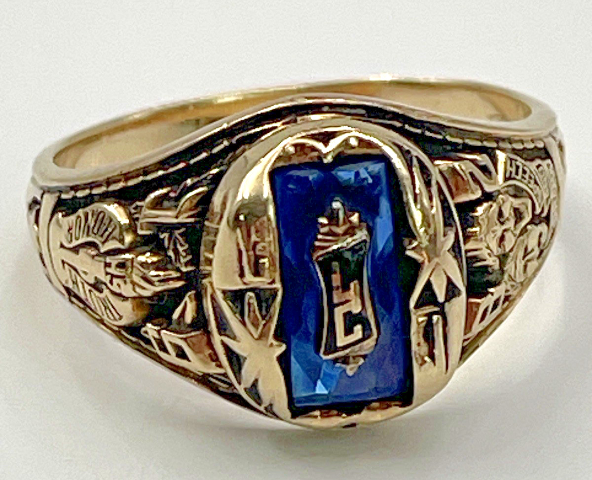 Vintage 1982 Jostens 10K Yellow Gold LC High School Class Ring Blue Stone Size 9