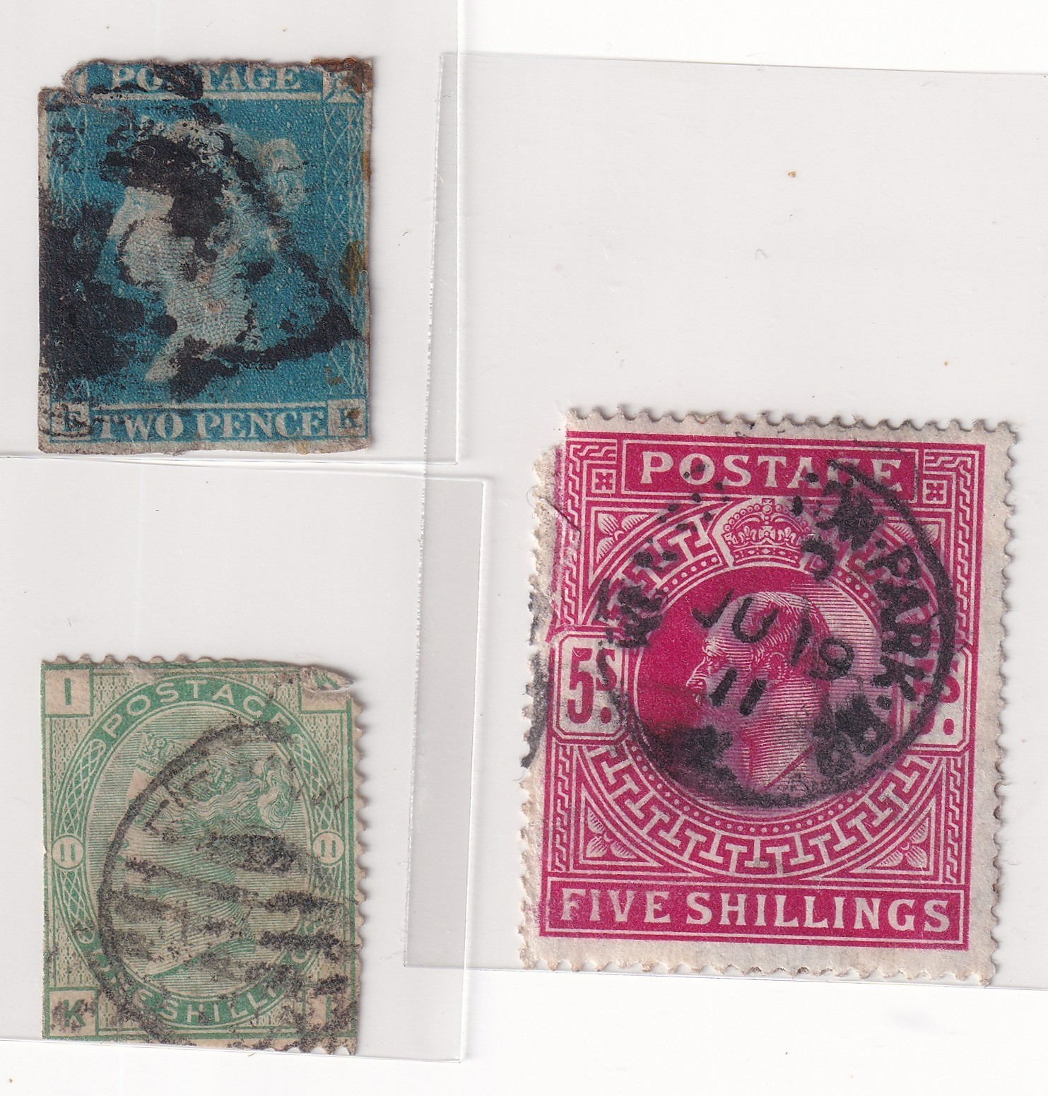 GB QV Faulty Trio 1841 + _2d Blue + 1s Green + 5s Rose Used AS-IS