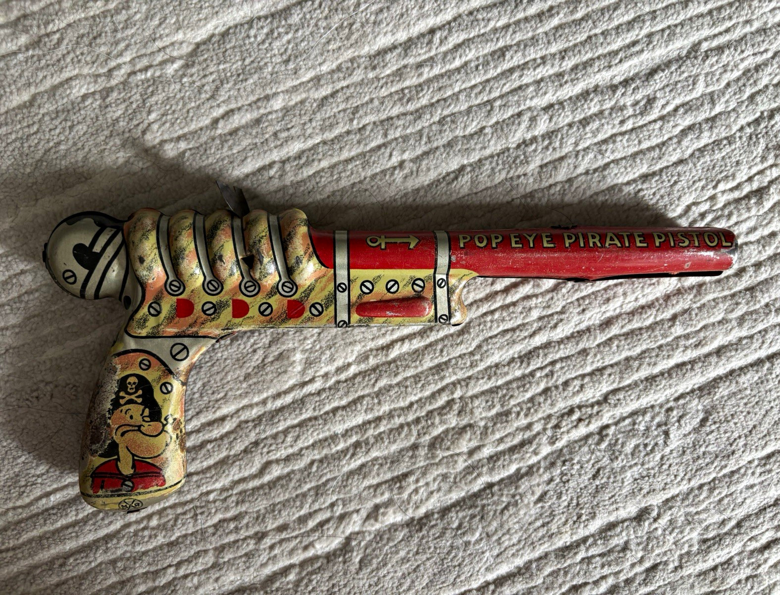 Vintage 1930 Popeye Pirate Pistol Tin Toy Gun, Age 4-7 & 8-11 Years