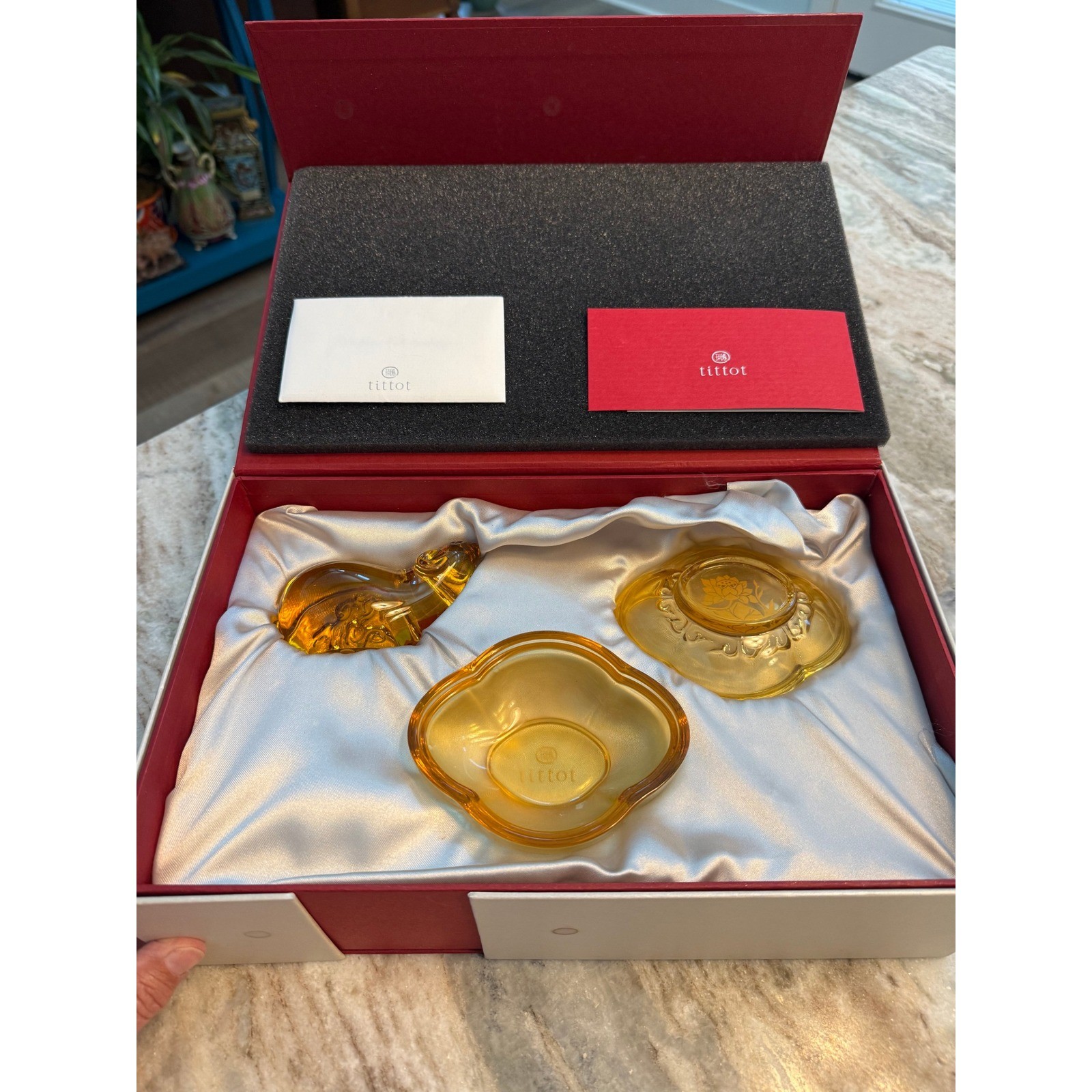 Tittot Liuli Art Glass Set Amber Mouse Figurine Bowl Dish Pate De Verre Boxed