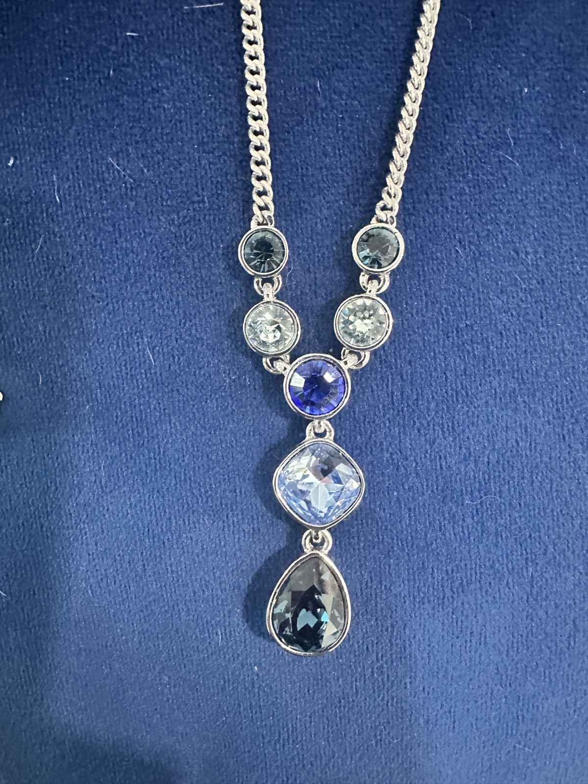 GIVENCHY Signed Blue Green Crystal Y Drop Necklace Silver Tone Statement GIVENCHY Signed Blue Green Crystal Y Drop Necklace Silver Tone Statement