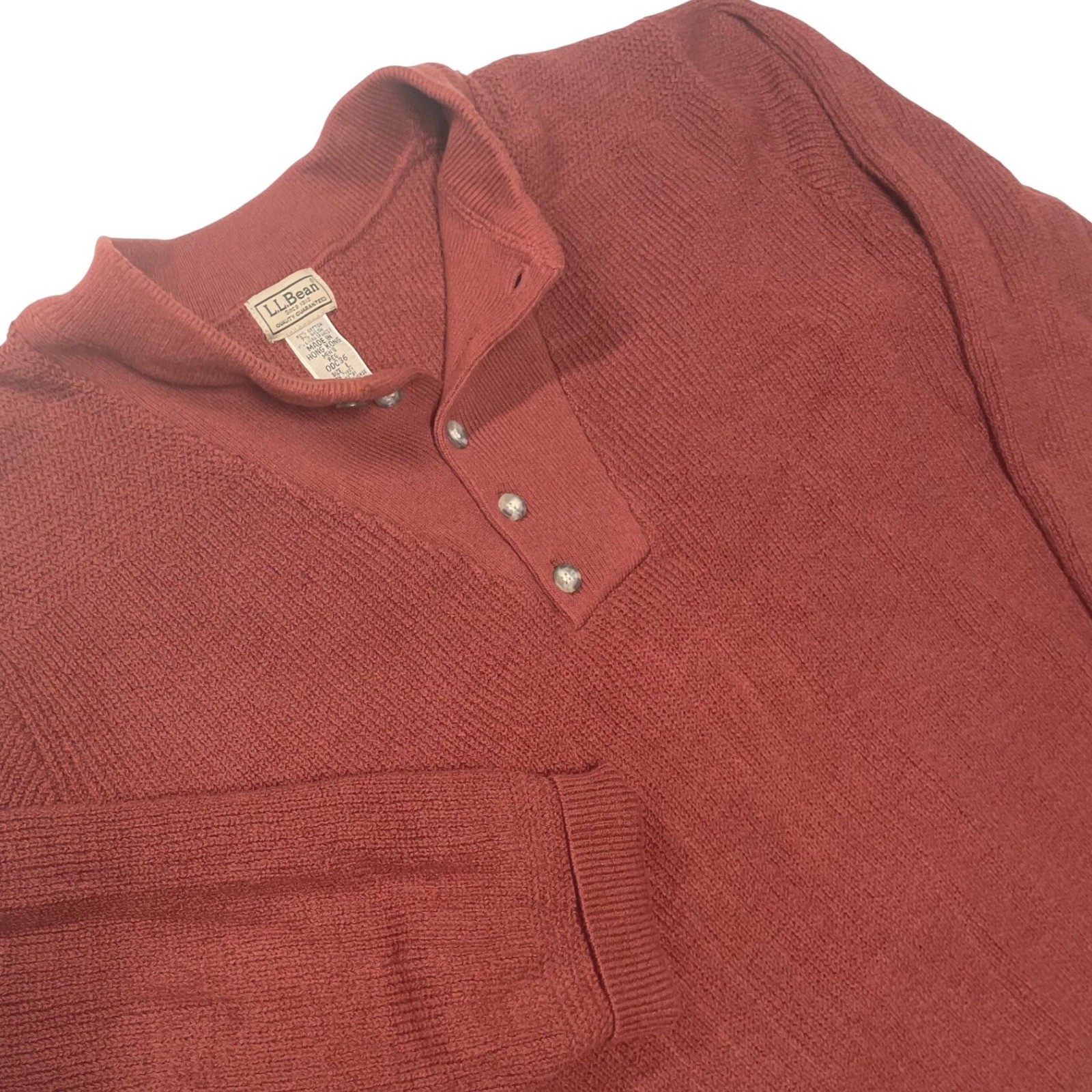 L.L. Bean Mens L Henley Sweater Rust Terracotta Heavy Cotton Knit Vintage⁠ 80\'s