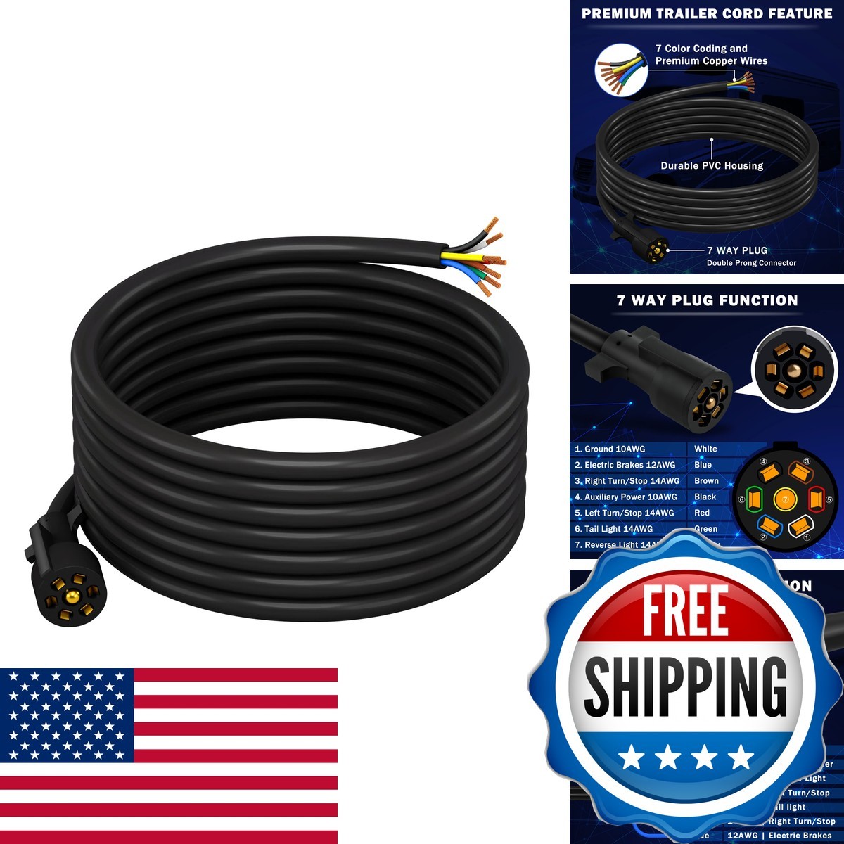 CheeMuii 15FT 7 Pin Trailer Wiring Harness Kit 7 Way Cord DL024 CheeMuii 15FT 7 Pin Trailer Wiring Harness Kit 7 Way Cord DL024