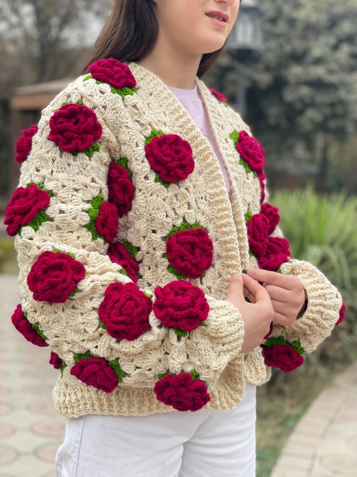 Handmade Crochet Rose Cardigan Maroon Floral Nude Skin Boho Sweater Wear
