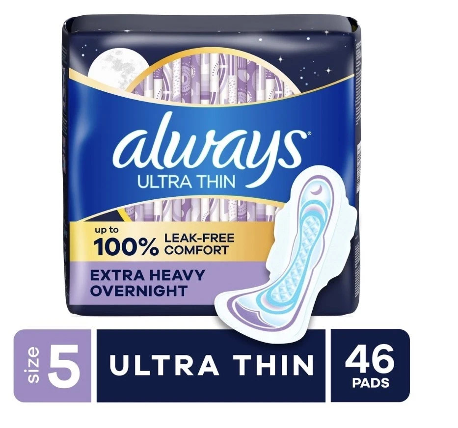 Ultra Thin Overnight Pads with Wings, Size 5, Extra Heavy Absorbency, 46 Count