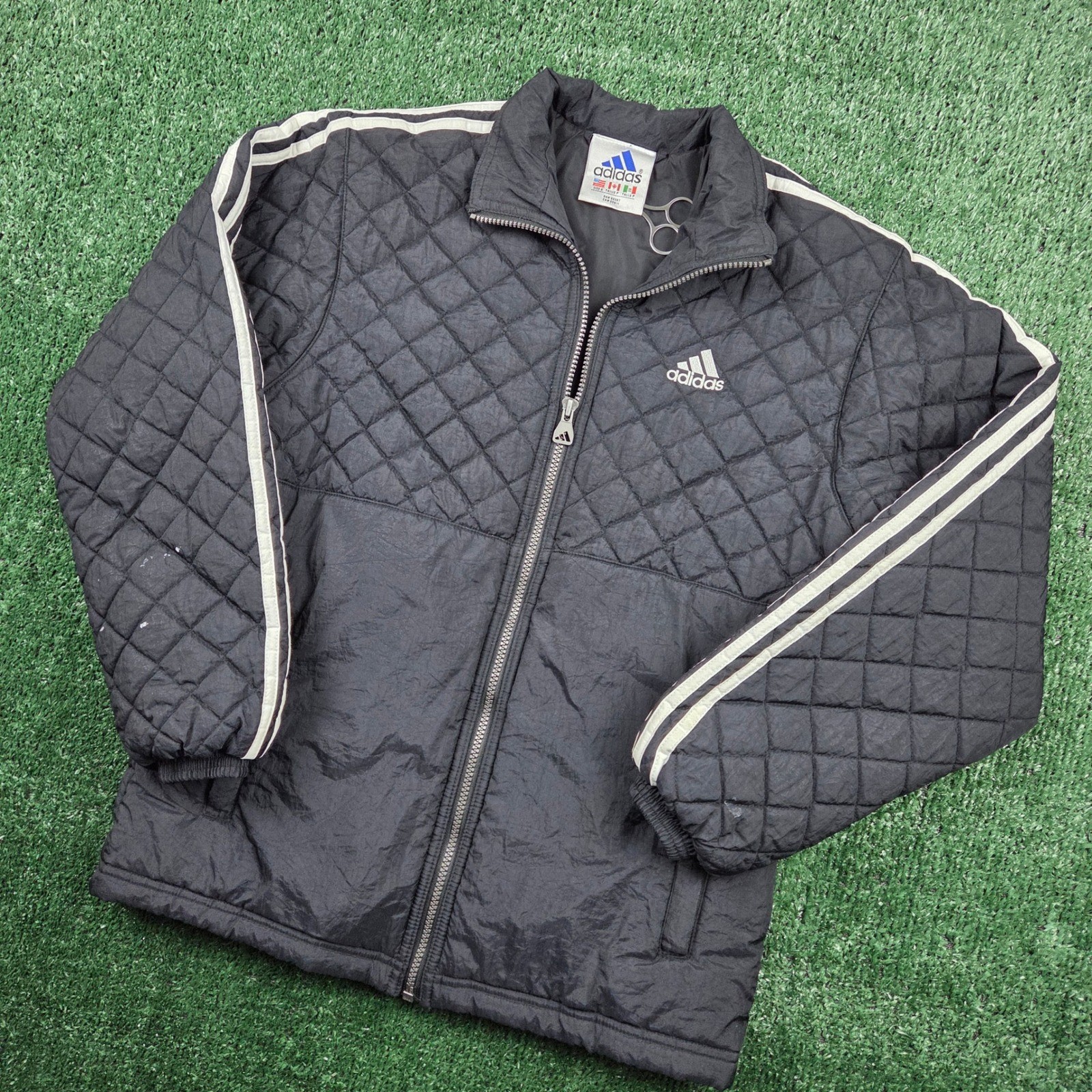Vintage Adidas Quilted Puffer Jacket Black Three Stripe Full Zip Mens Small