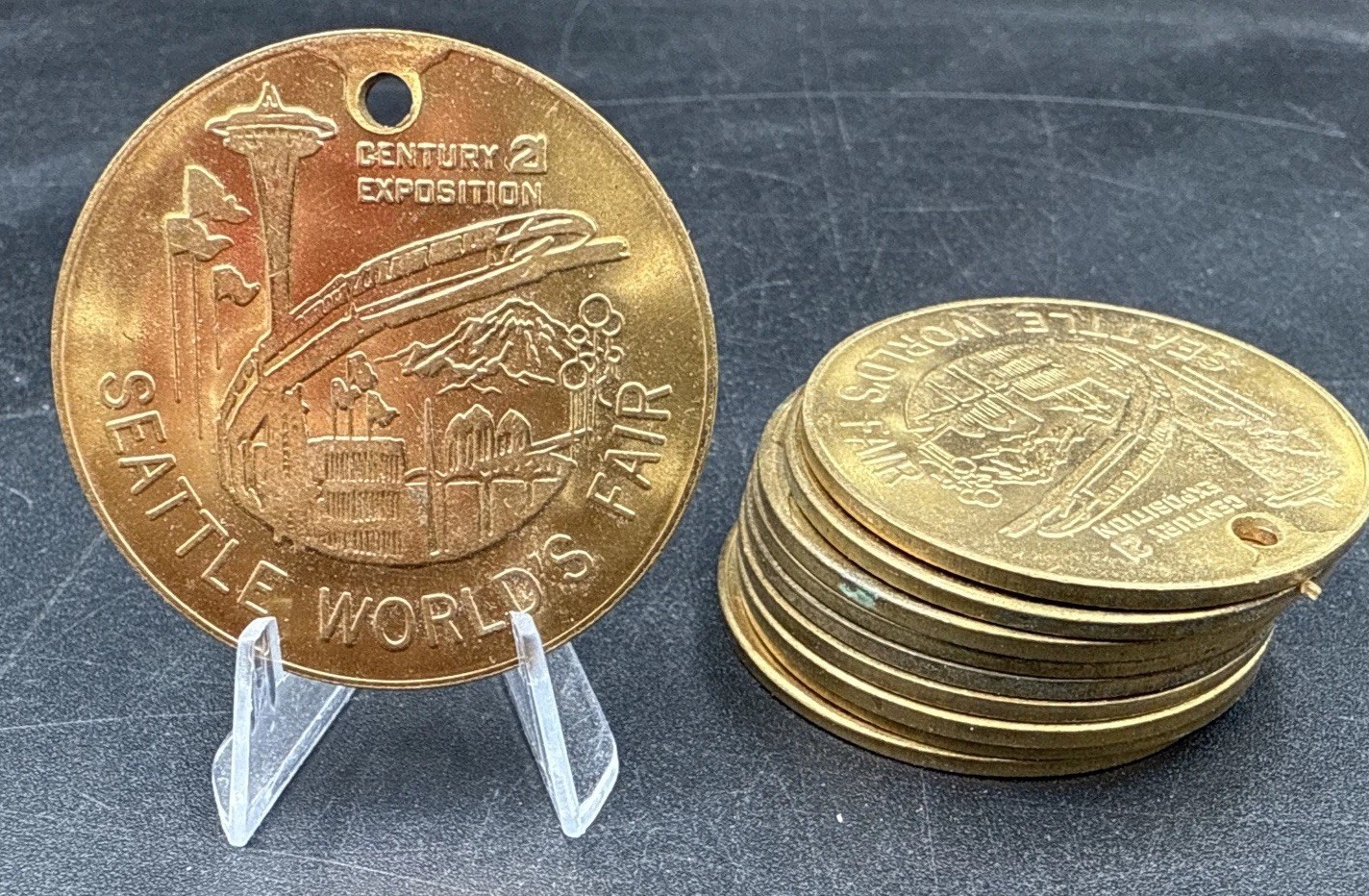 Lot Of 10 1962 Seattle Worlds Fair Century 21 Brass Keychain Token Coin
