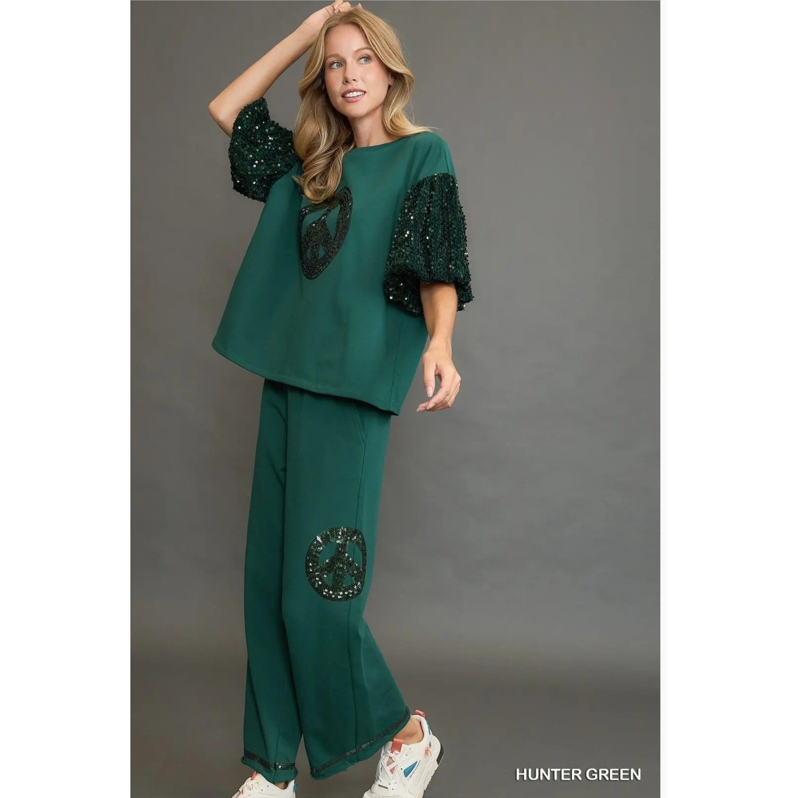 Umgee USA Green Peace Sign Sequin Wide Leg Lounge Pants Size L