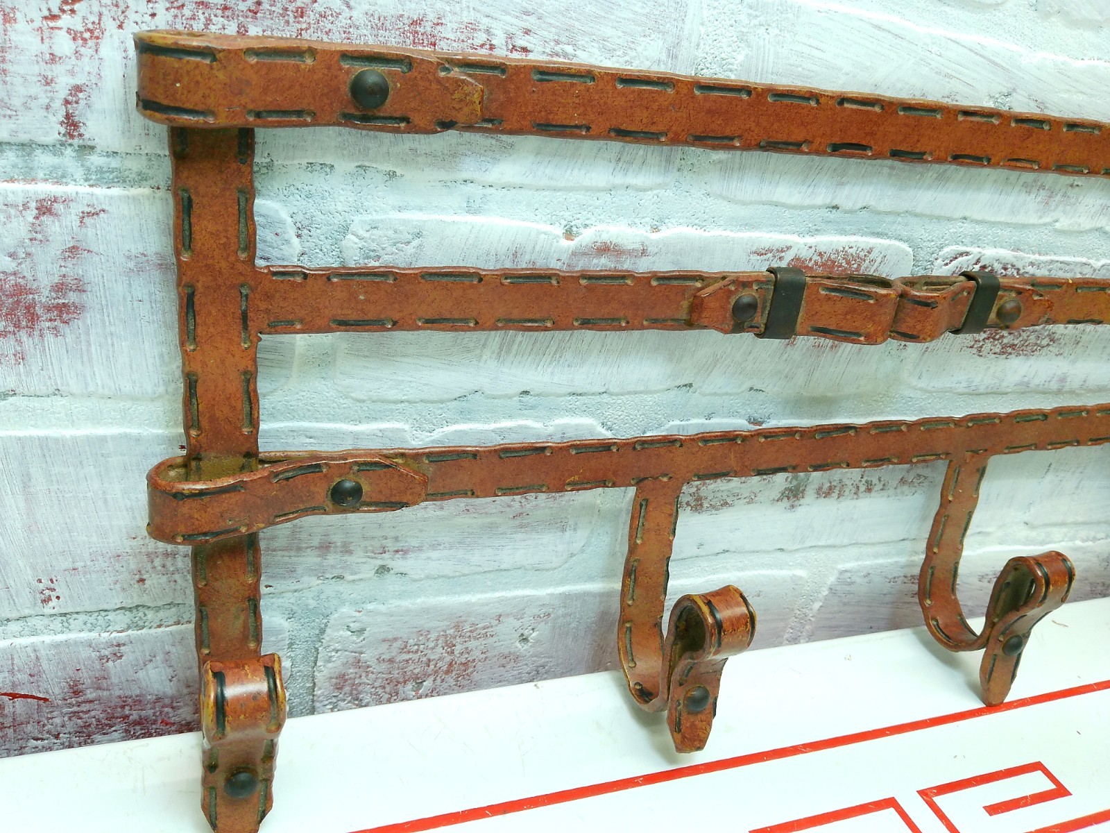 Vintage MCM Faux Leather Iron Coat Rack Wall Mount 4 Hook Jacques Adnet Style