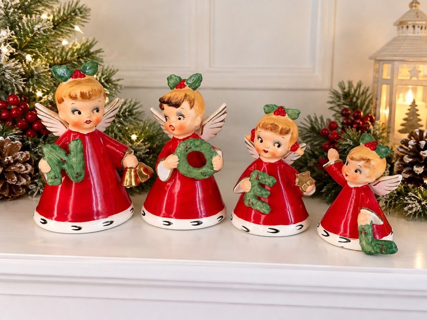 Vintage 1956 NAPCO NOEL Christmas Angels Set of 4 Red Japan 3BX2381
