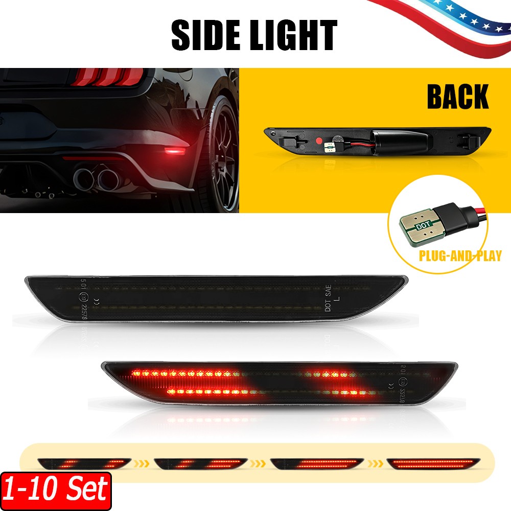 1-10 Set For 15-23 Ford Mustang Smoked Lens Scanning Red LED Side Marker Lights
