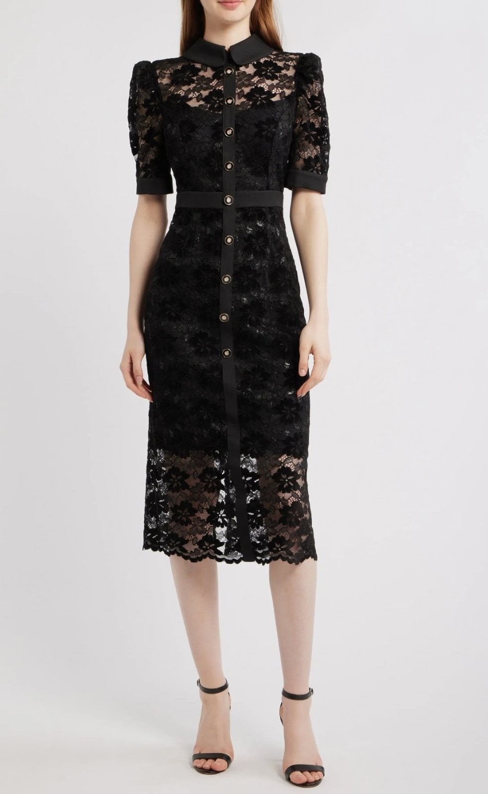 NWT Tahari Black Floral Lace Sheer Collared Button Front Midi Pencil Dress 10