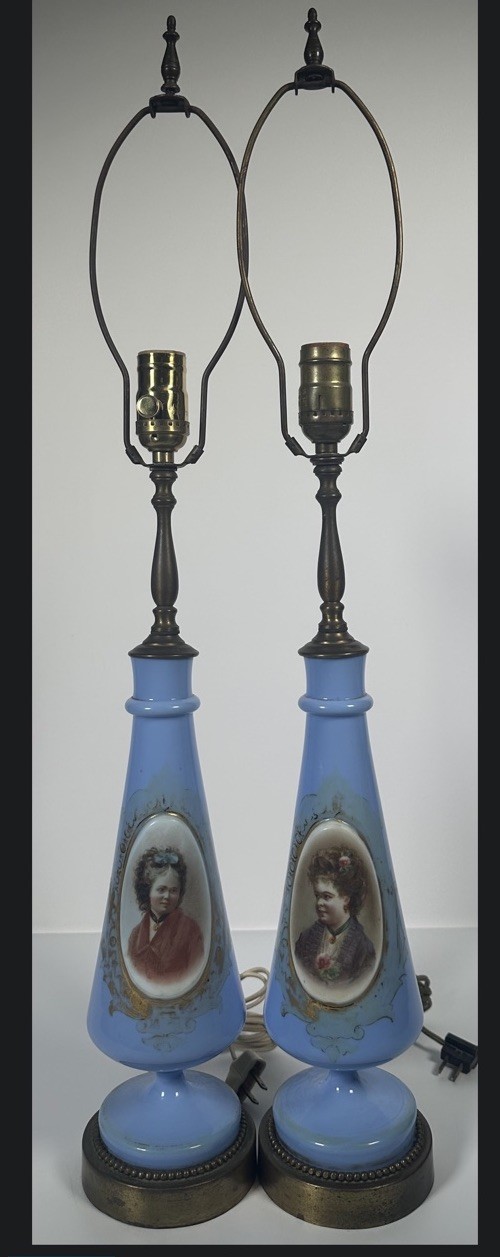Antique Pair French Blue Opaline Glass Table Lamps Hand Painted Portrait Working