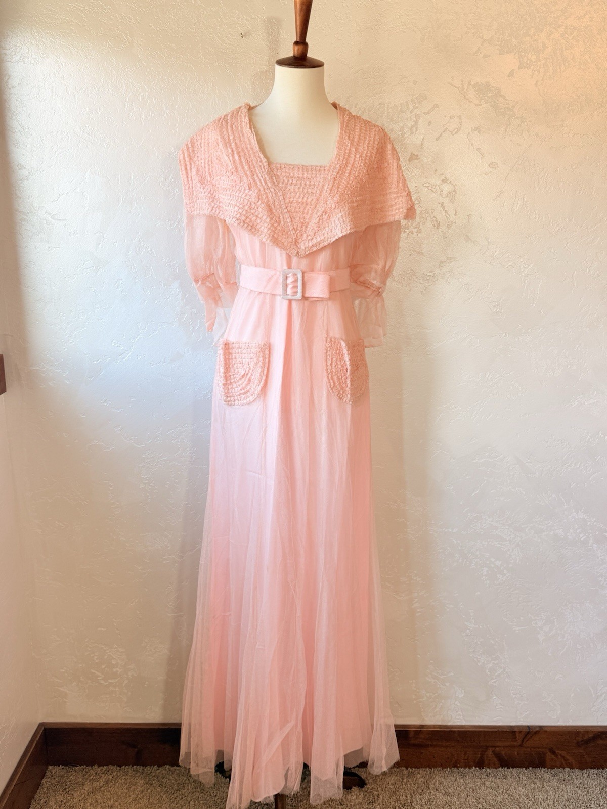 Vintage 1930s–40s Pink Sheer Net Hostess Gown Set | 2-Piece Crepe Slip Dress S/M