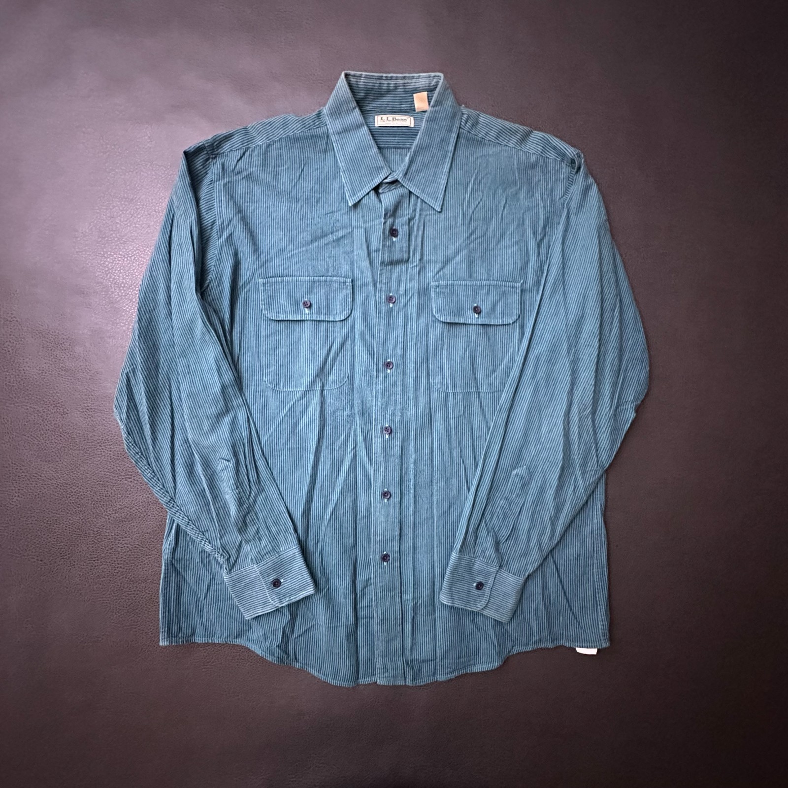 Vtg LL Bean Shirt Mens Large Blue Made in USA Workwear Striped Faded Cotton