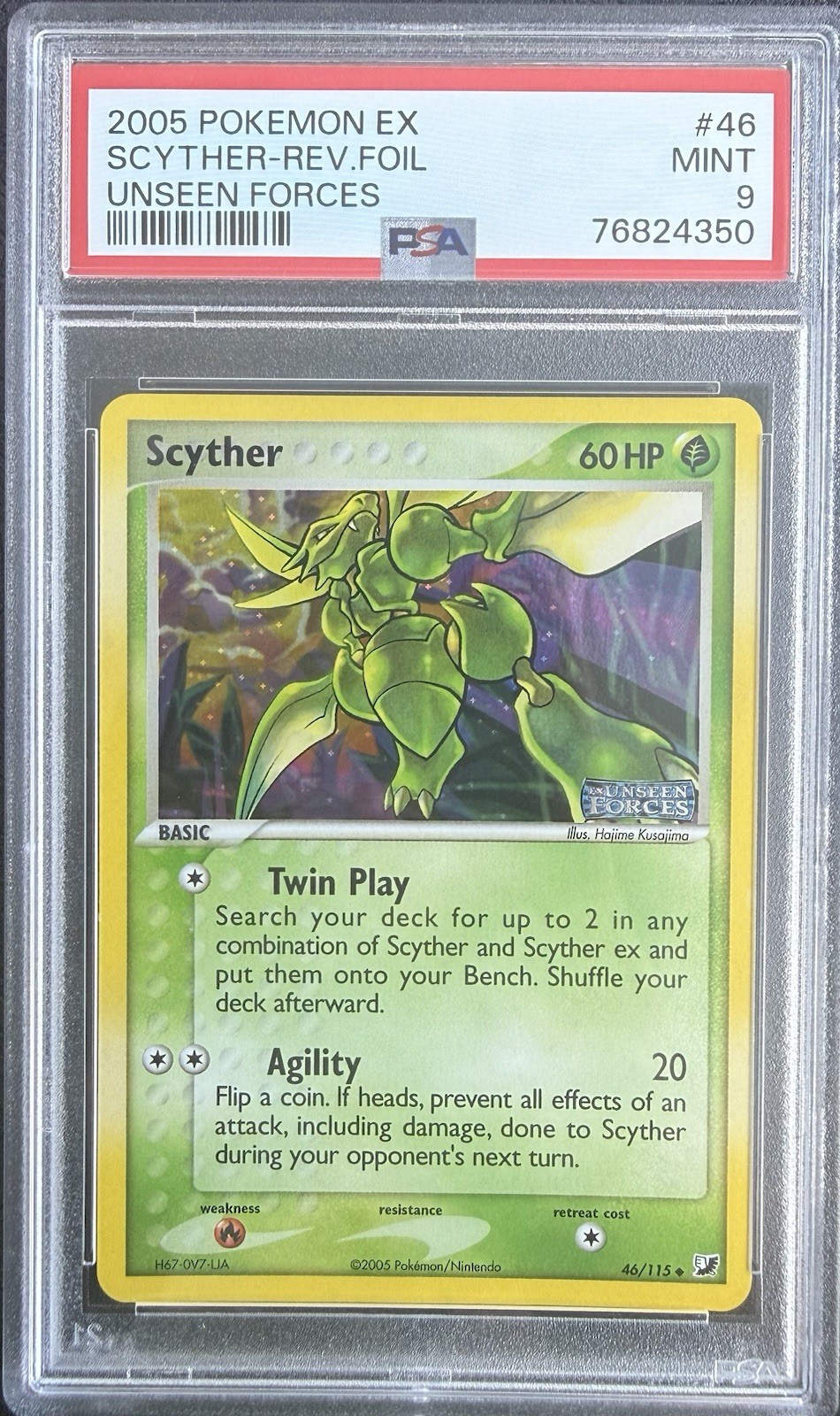 Scyther 2005 Pokémon EX Unseen Forces Reverse Holo 46/115 English PSA 9 Scyther 2005 Pokémon EX Unseen Forces Reverse Holo 46/115 English PSA 9