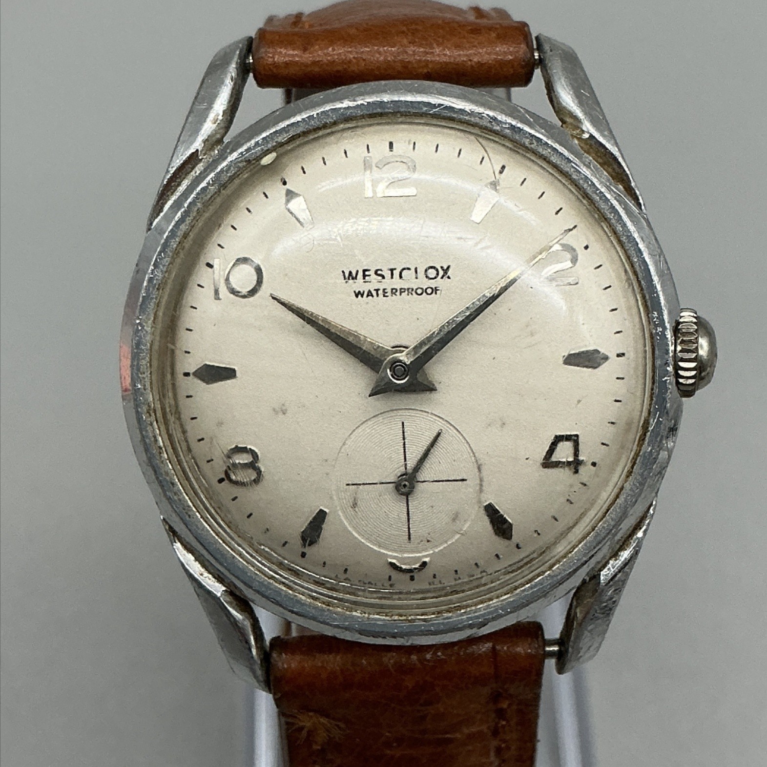 Vintage Westclox Mens Watch 34mm Cream Dial Brown Leather Strap Manual Wind