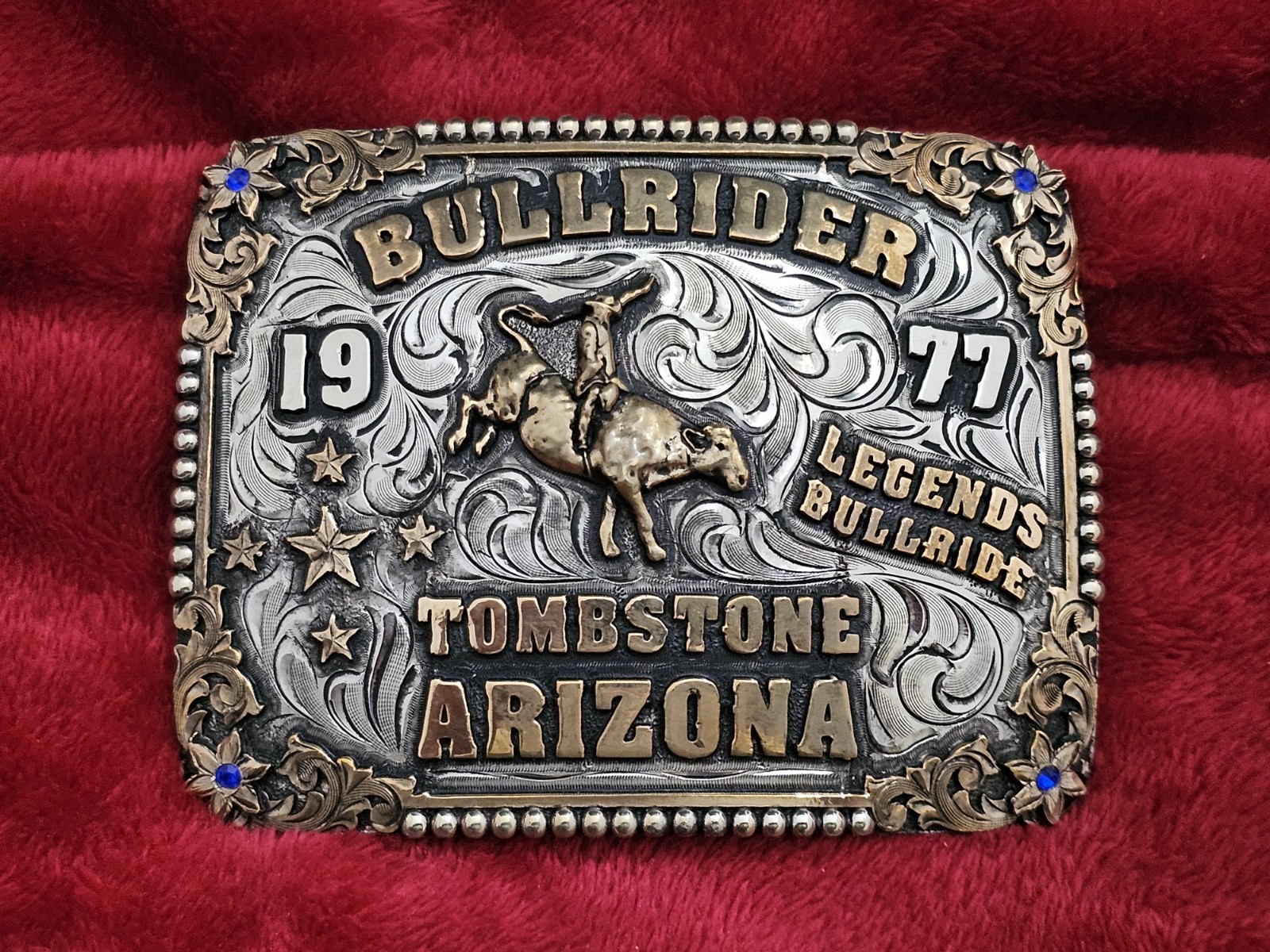 X~Treme Rodeo Champion☆1977☆BULL RIDING TROPHY BUCKLE☆Tombstone Arizona☆RARE☆324