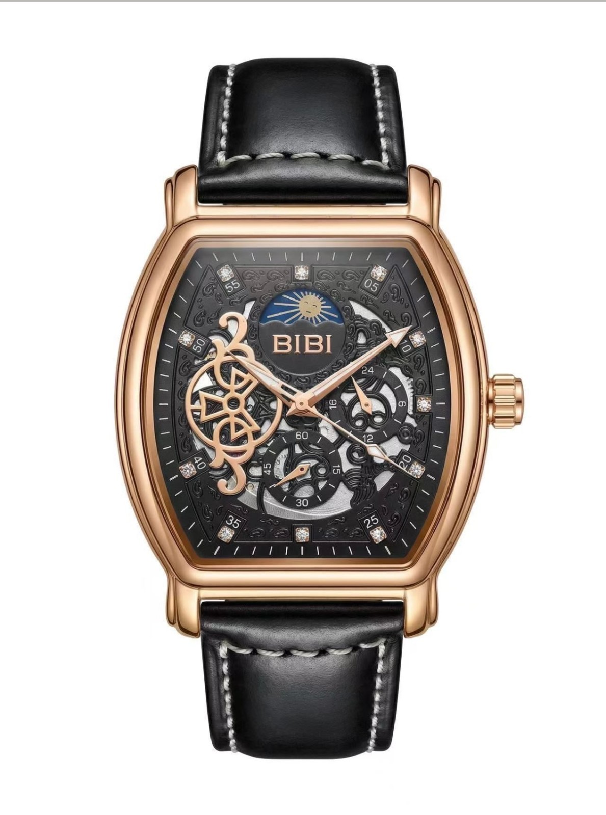 BIBI Automatic Watch B1031 Black Dial, Rose Gold Case, Black Faux Leather -NEW