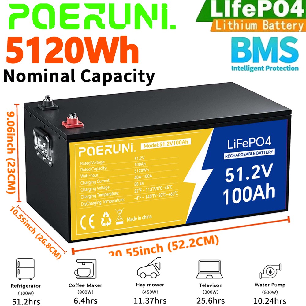 POERUNI 51.2V/48V 100Ah LiFePO4 Lithium-ion Battery Built-in BMS Deep Cycles new POERUNI 51.2V/48V 100Ah LiFePO4 Lithium-ion Battery Built-in BMS Deep Cycles new