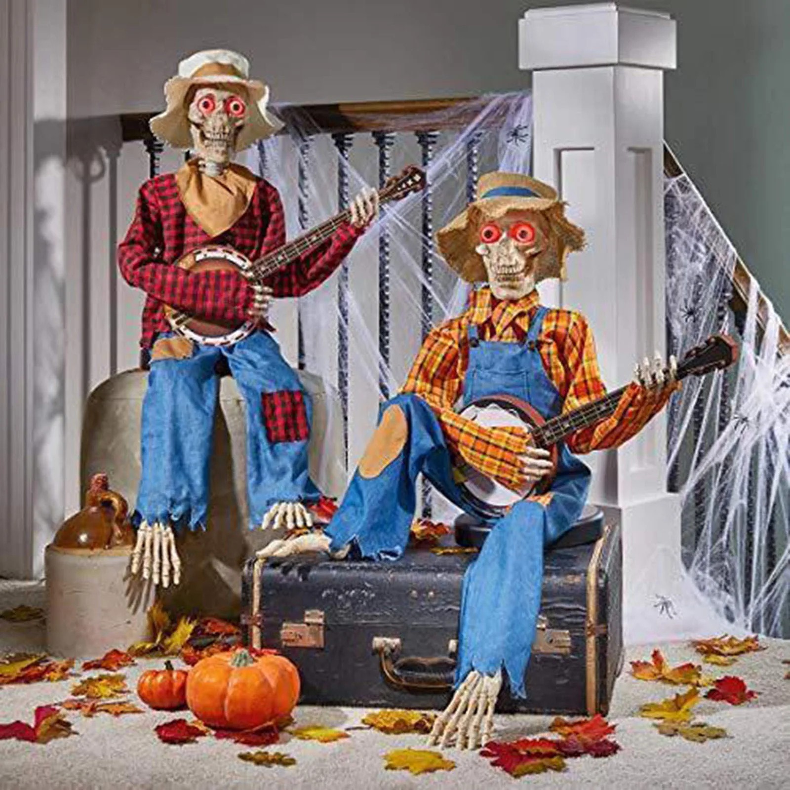 2PCS Halloween Skeletons Duo Animated Motion Sound Activated Musical Banjo Decor 2PCS Halloween Skeletons Duo Animated Motion Sound Activated Musical Banjo Decor