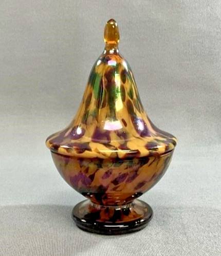 Antique Kralik Bohemian Tortoiseshell Iridescent Art Glass Lidded Compote
