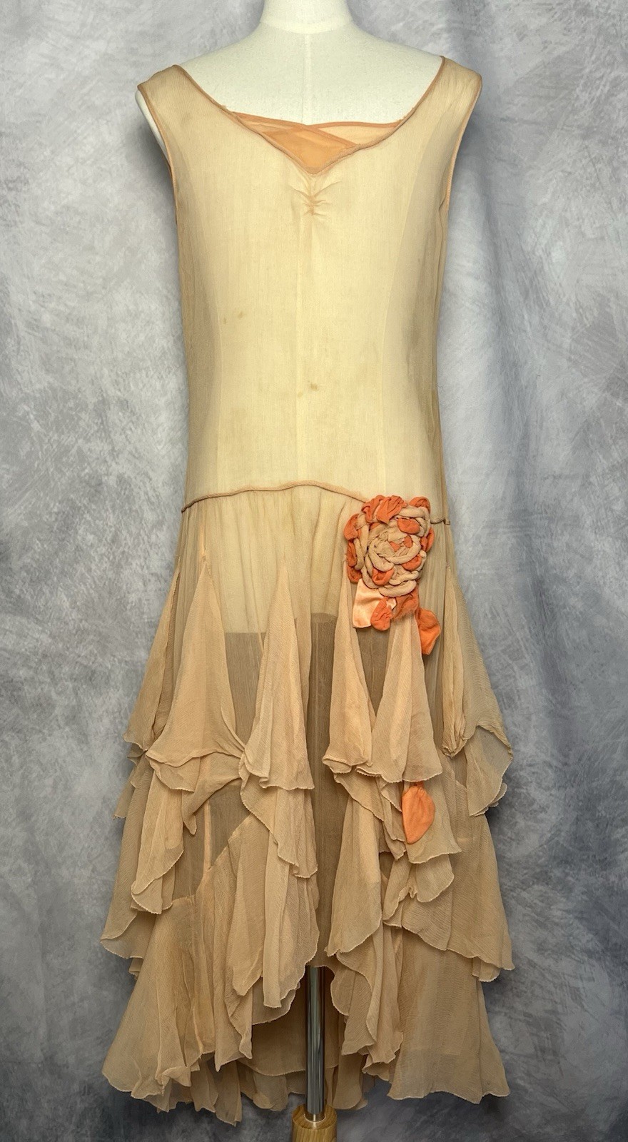 Antique Vintage 1920s Peach Silk Tiered Ruffle Drop Waist Flapper Dress Panniers