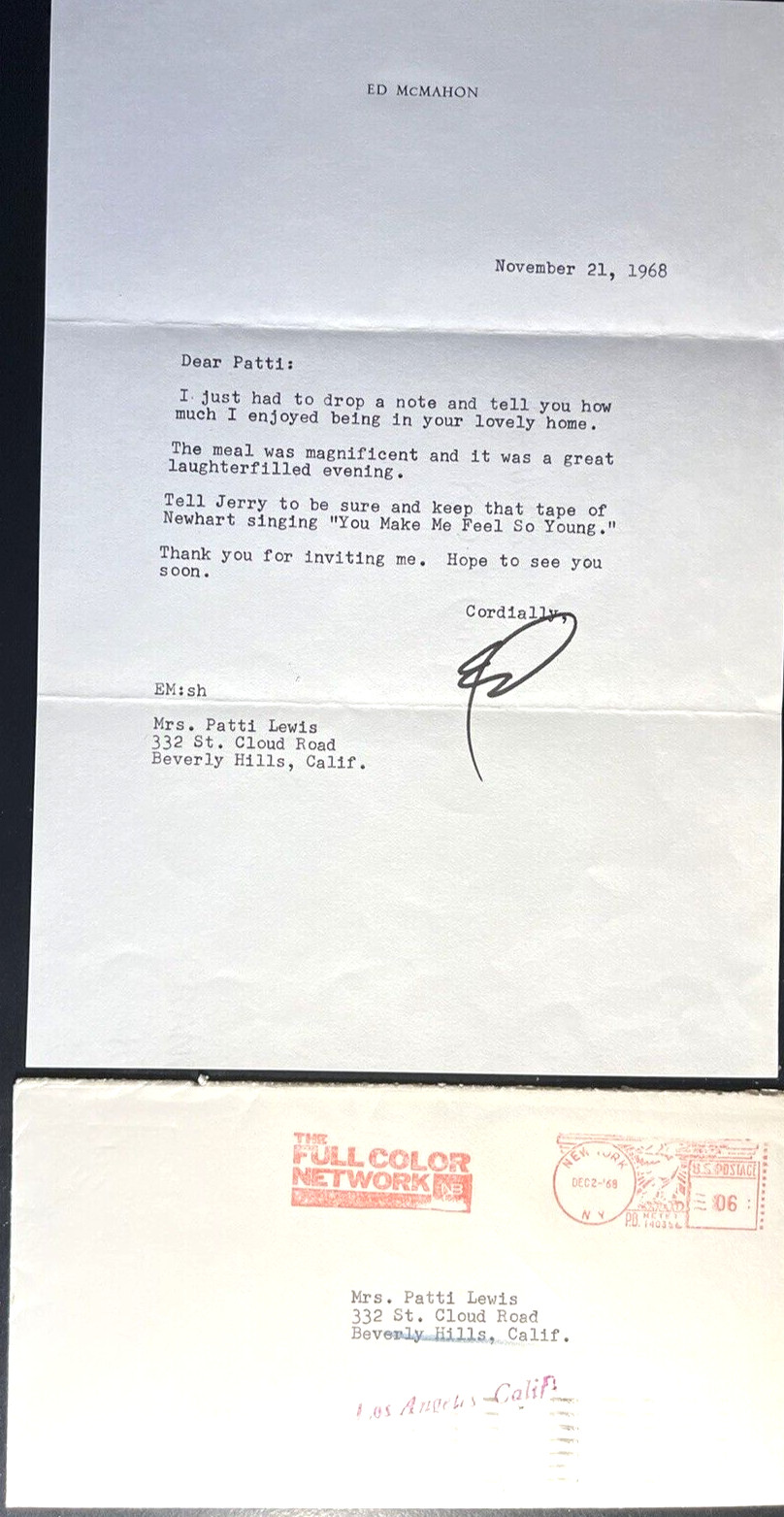 ED McMAHON SIGNED RARE 1968 LETTER TO MRS. JERRY (PATTI) LEWIS ON HIS STATIONERY