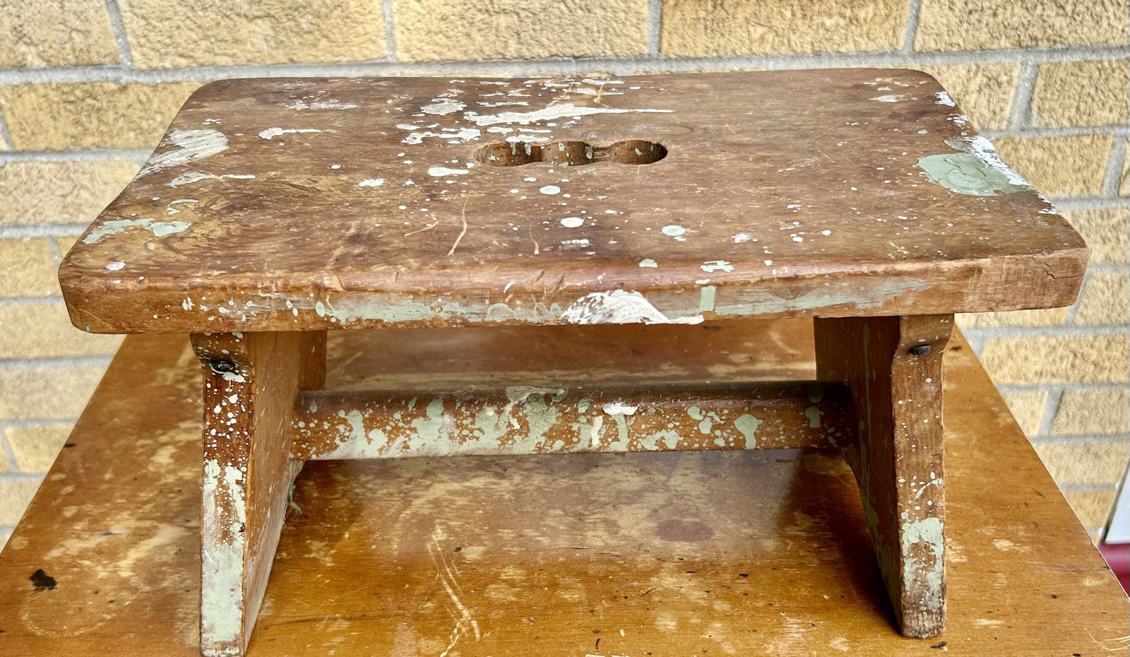 Antique Farmhouse Rustic Child’s Wooden Stool Orig Worn Splattered Paint