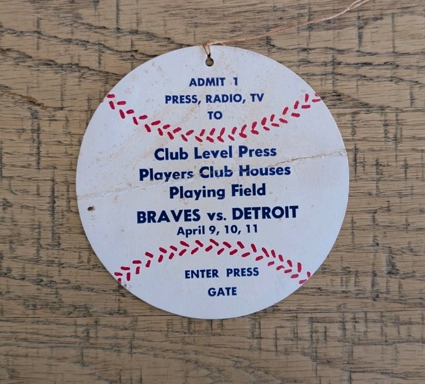 1965 Atlanta Stadium Inaugural Press Pass Milwaukee Braves Vs Detroit Tigers 